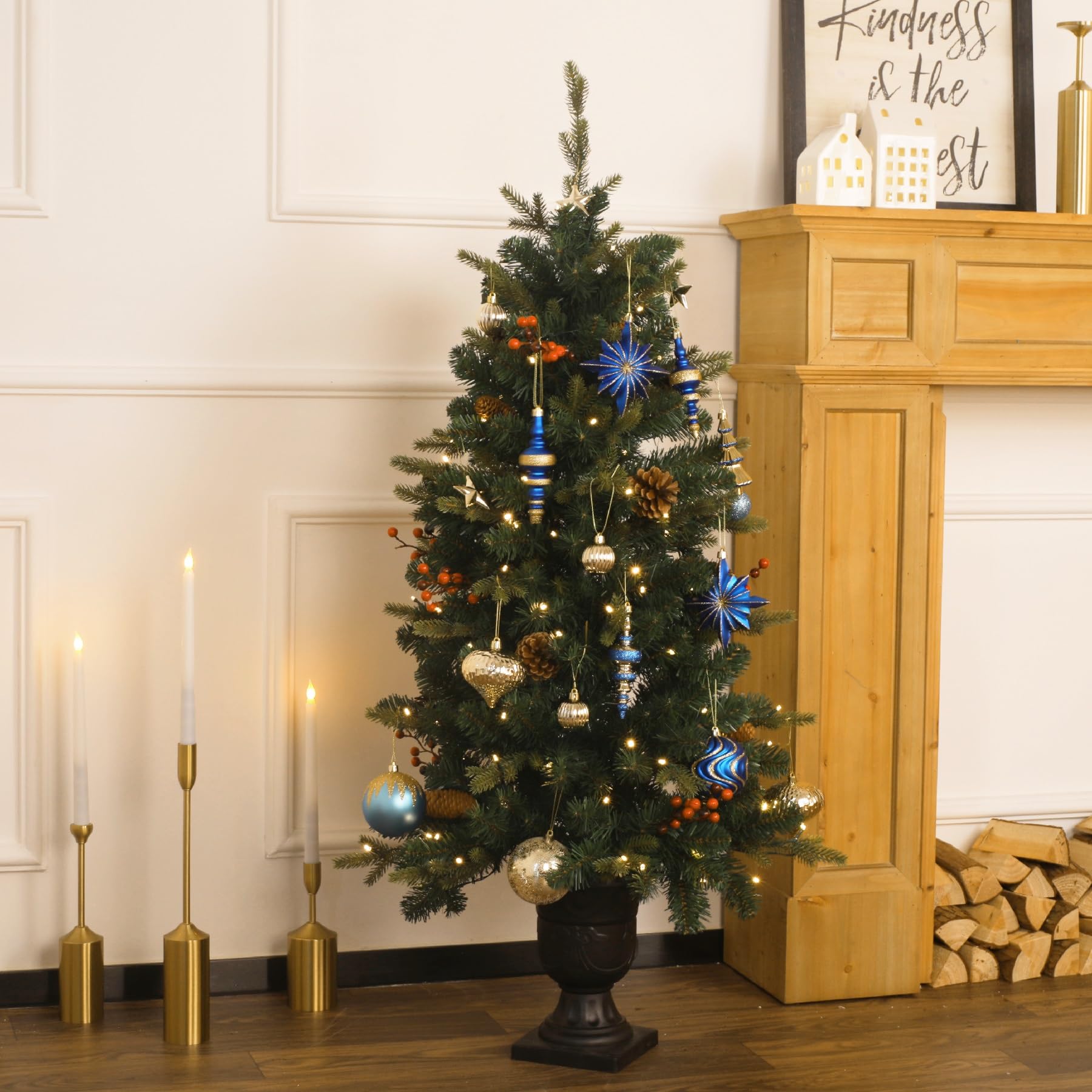 SHareconn Bolas de Navidad, 80 Unidades, 4-12,5 cm, Bolas Doradas de plástico irrompible para Adornos para árboles de Navidad, Decoraciones para Fiestas, con cordón para Colgar, Azul Dorado
