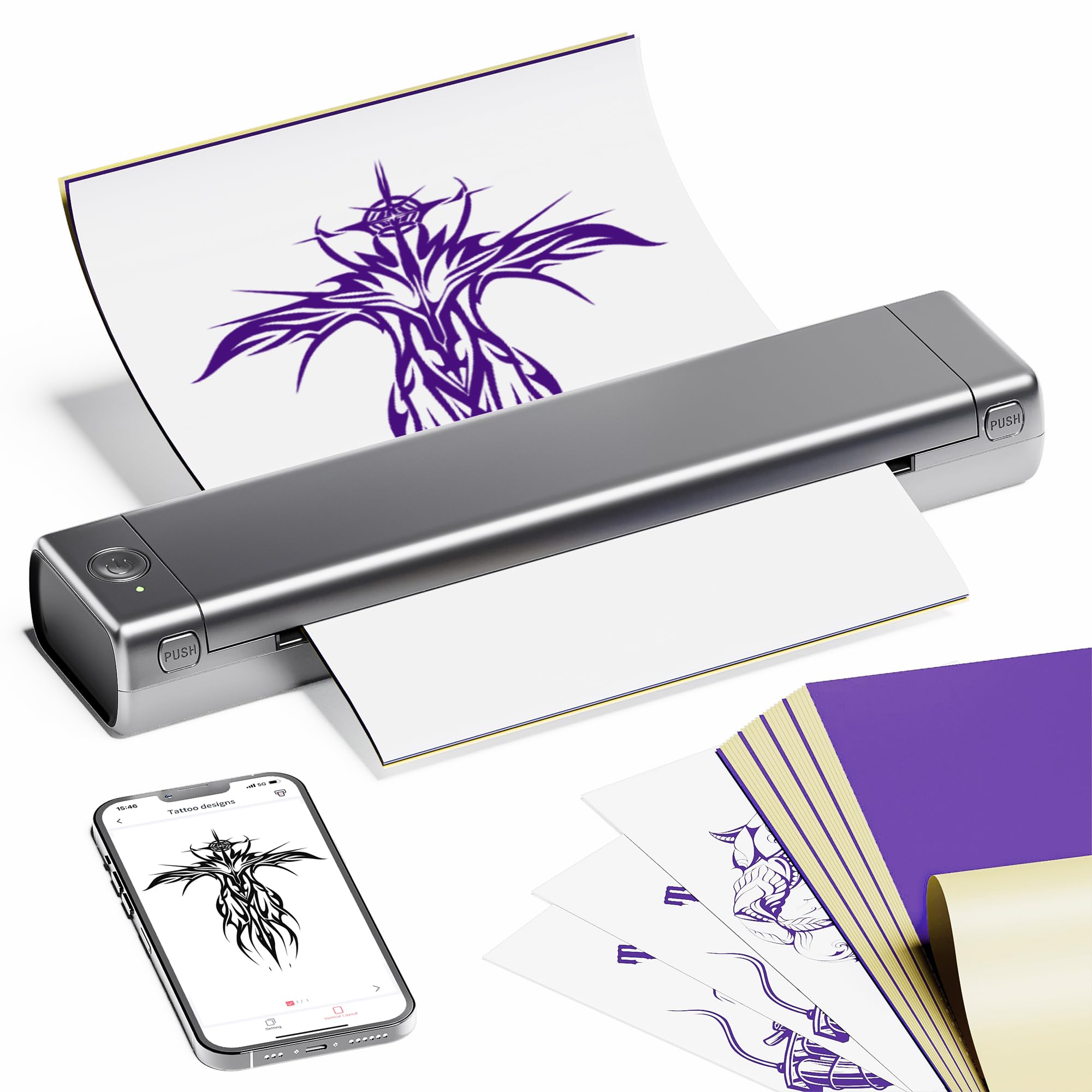 Tattoo Drucker Stencil Drucker mit 10 Blatt Stencil Papier für Tattoo Maschine Set, Thermodrucker Tattoo Kompatibel mit IPad & Telefon & PC für Tattoo Künstler und Anfänger DIY Tattoo, Silber