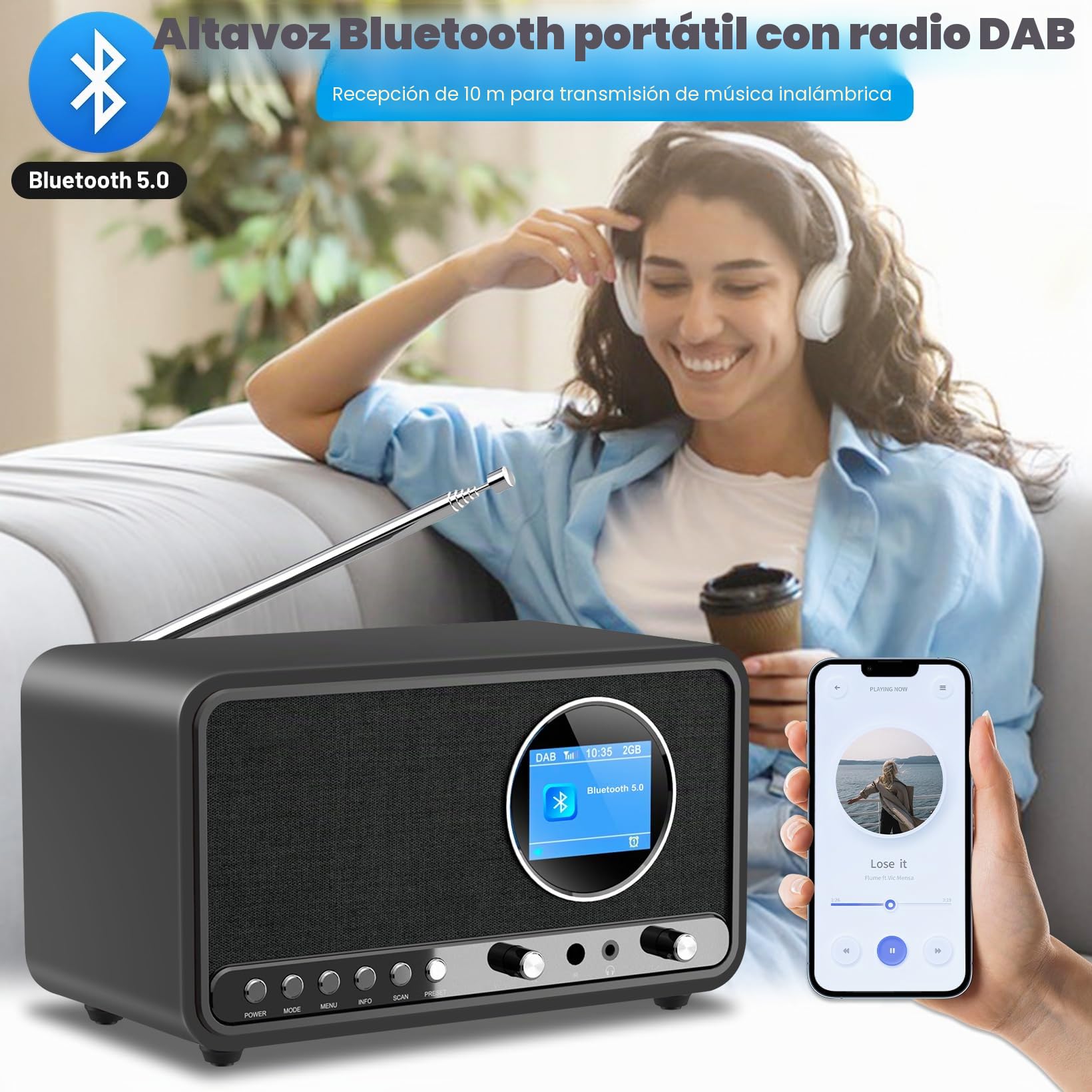 Wholede Radio DAB+/FM con Bluetooth, radio digital de cocina, radio DAB Plus con mando a distancia, radio de cocina, radio despertador con temporizador de alarma, USB/entrada auxiliar, color negro