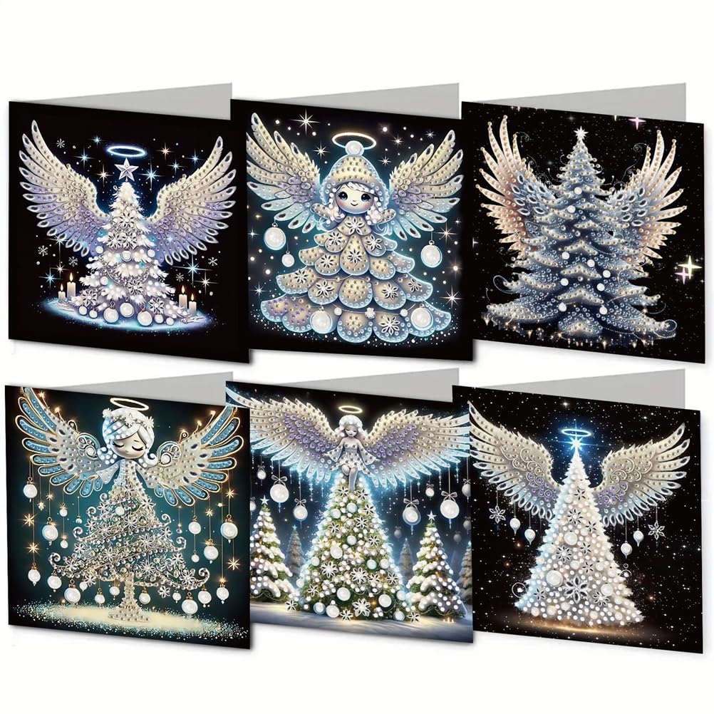 Meecaa 6pcs DIY Diamond Art Christmas Cards Kits Angel Fairy Christmas Tree Wings 5D Crystal Art Card with Envelopes, Postcards for Handmade, Diamond Painting Cards Sets, 15 * 30cm (Angel)