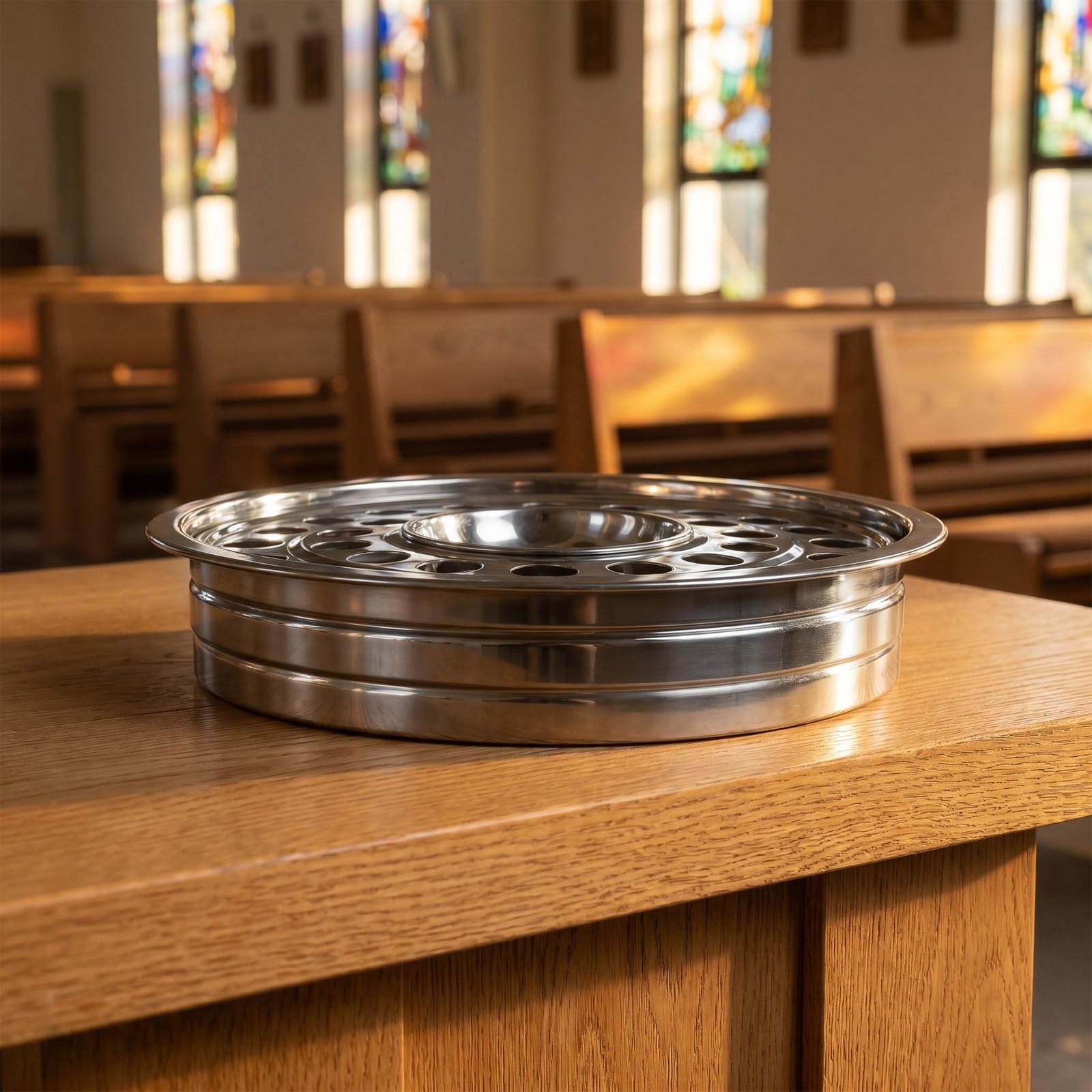 jojofuny Vassoio per Santa Cena in Acciaio Inossidabile Argento, Capienza 32 Bicchieri, Design Rotondo Leggero e Adatto per Alimenti, per Celebrazioni Religiose e Feste
