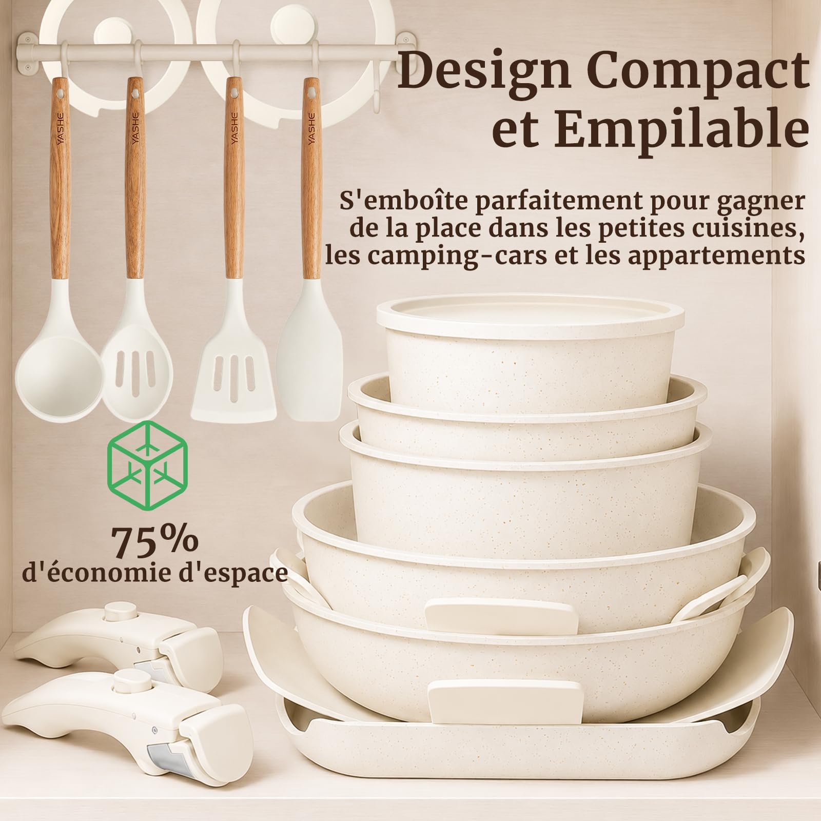 YASHE Batterie de cuisine 21 pièces, non toxique, sans PTFE ni PFAS | Non Toxique Set de Poêles et Casseroles en Granit, Compatibles Induction et Four, Empilable Gain de Place