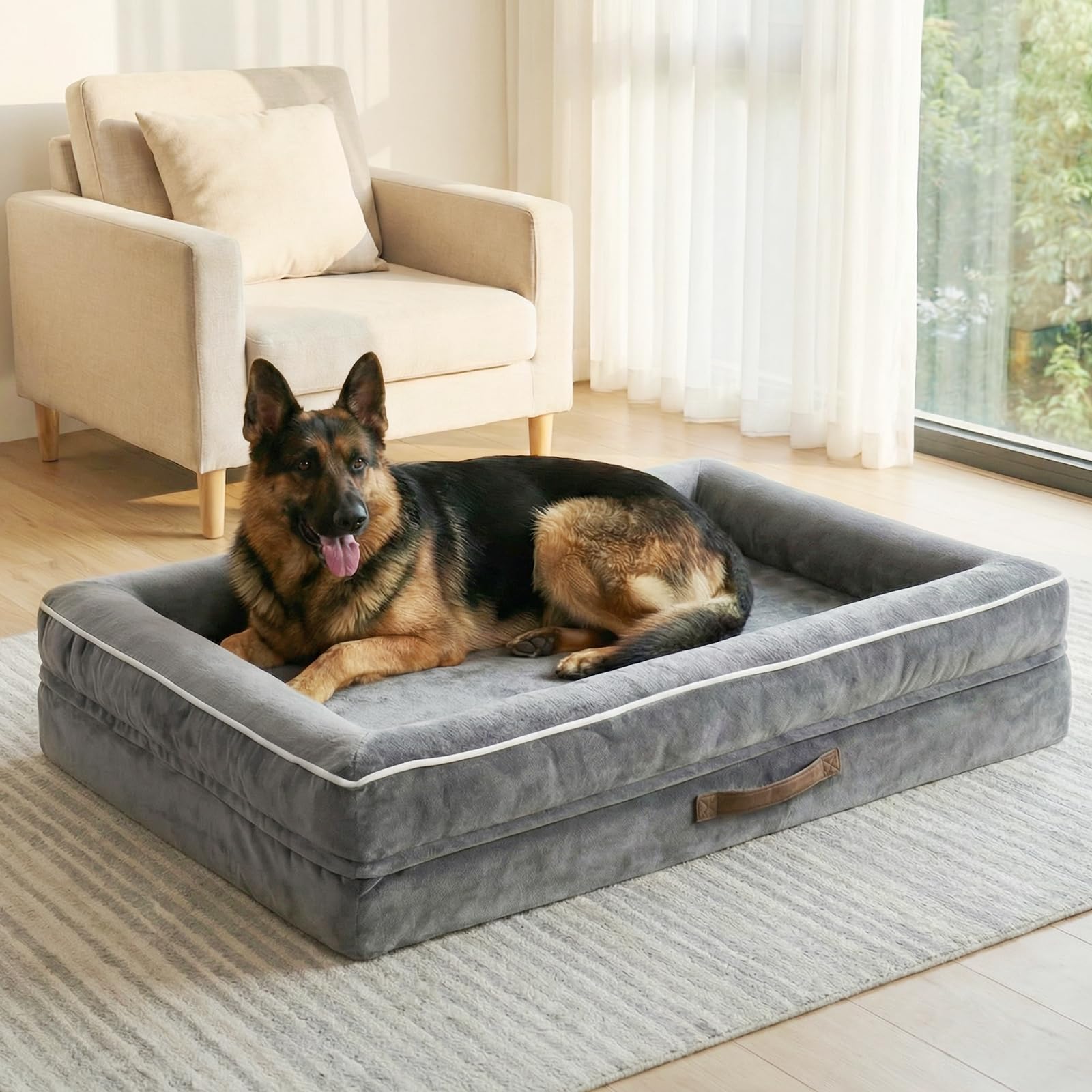 Renvix XXL Orthopedic Dog Bed, Waterproof Dog Sofa Bed with Removable Washable Cover, Soft Egg Foam Pet Bed, Non-Slip Bottom and Four-Sided Bolster Cushion（Gray, 137x91x19cm） — image 1