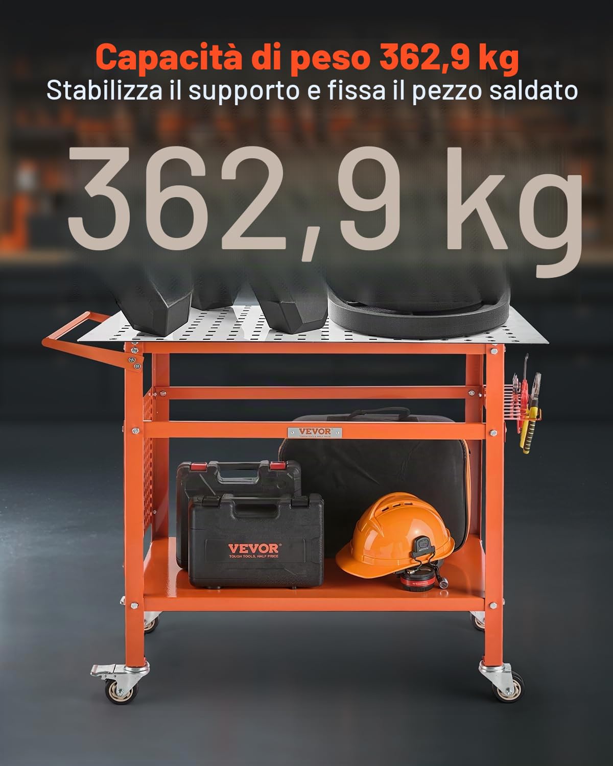 VEVOR Tavolo da Saldatura 1016 x 609,6 mm Banco da Lavoro in Acciaio Mobile, 4 Ruote (2 con Freno), Capacità Peso Statico 362,87 kg Pannello di Stoccaggio a Doppio Strato, Fori di Fissaggio 15,87 mm