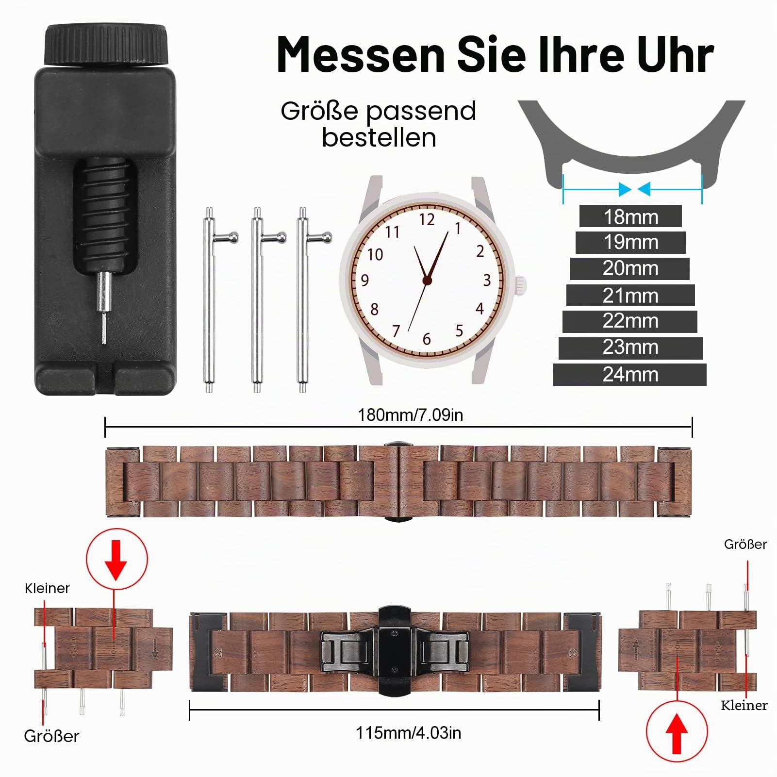 Schnellspannarmband, Uhrenarmband aus Naturholz, Wahl der Armbandfarbe und -breite 18mm, 19mm, 20mm, 21mm, 22mm, 23mm oder 24mm