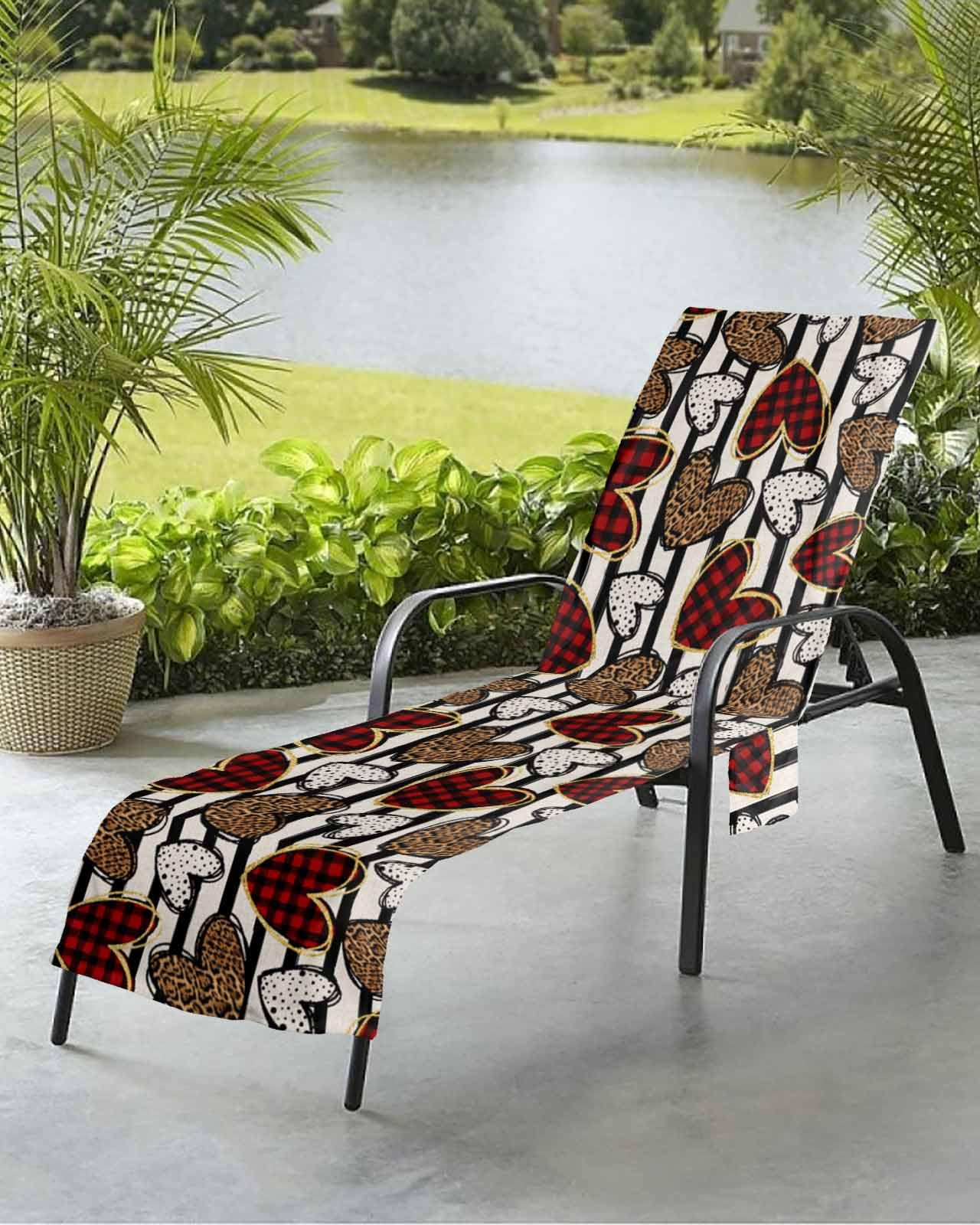 Valentine's Day Beach Chair Towel Covers for Chaise Lounge with Side Pocket, Soft Plush Pool Towels Cover for Patio Sunbathing Outdoor 29''x85'' Black Stripes Leopard Plaid Hearts