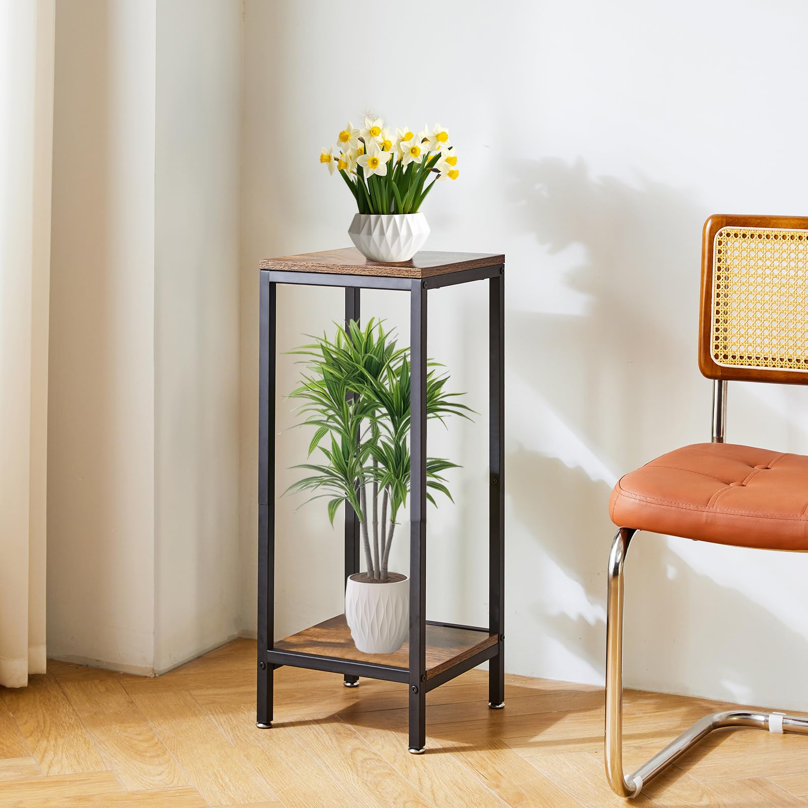 IBUYKE 2 Niveles de Soporte para Plantas para Interior, 76cm de Altura Soporte para Macetas de Madera, Cuadrado Soporte para Plantas para Interior Jardín Balcón, Marrón Rústico TMJ071H