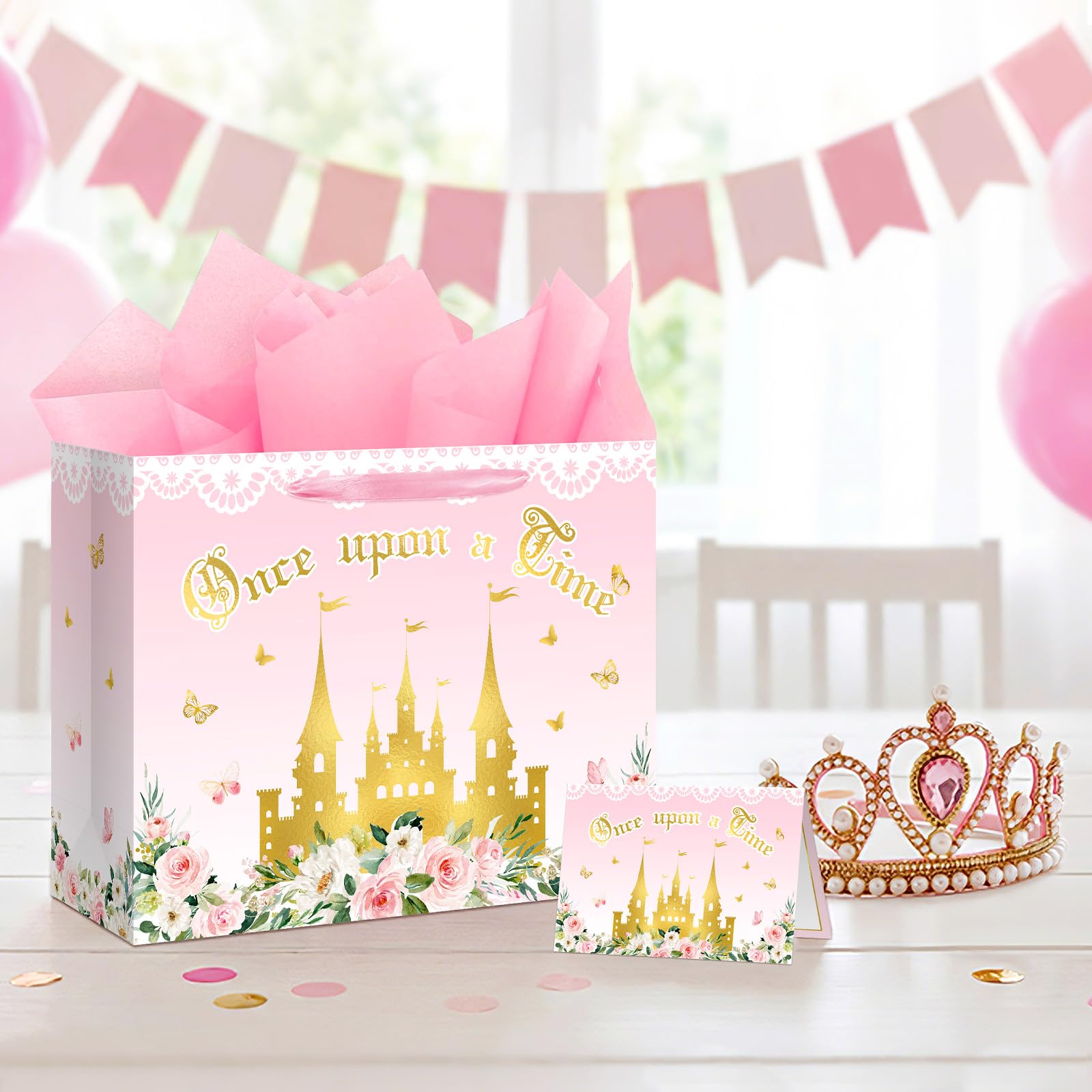 Reyoust 13" Large Pink Princess Themed Gift Bag with Card and Tissue Paper Floral Castle Present Bag for Girls Fairy Tale Baby Shower Birthday Party Decorations 1 Pcs 13" L x 10.2" H x 4.9" D