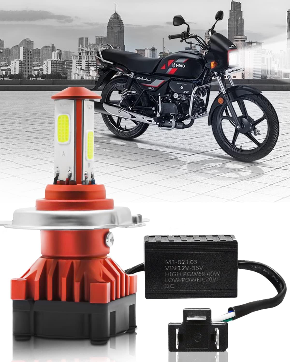 KRYPTONIK H4 Led Motorcycle Headlamps, 40W/3600 Lumens High & Low Beam Design Super Bright LED Headlight Bulbs Conversion Kit for Splendor Bike 6000K Pure White, Pack of 1