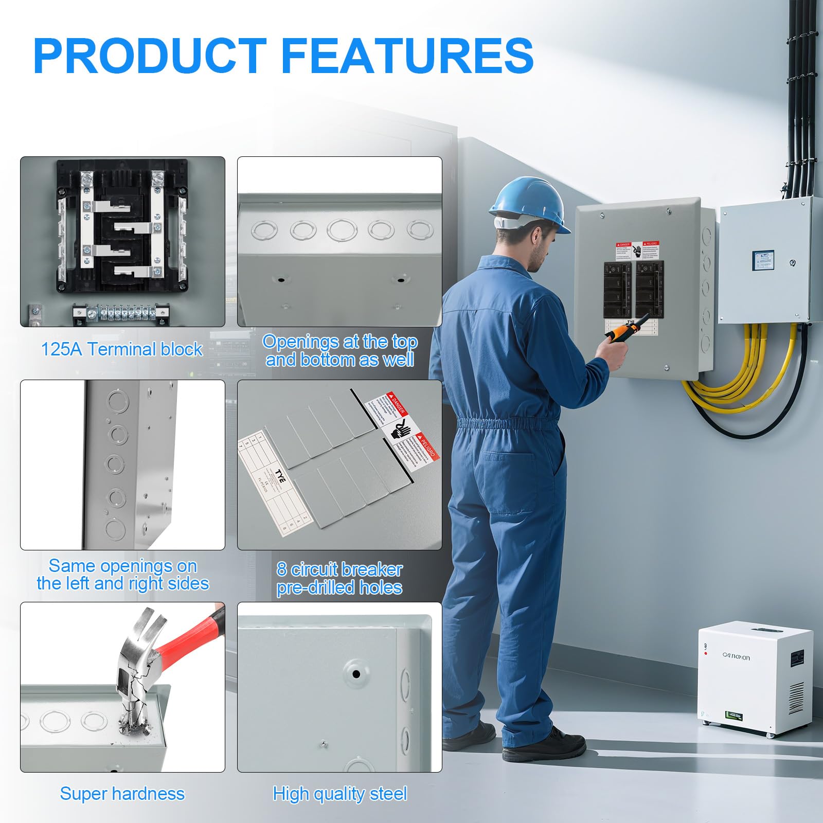 THQL - Paneles de disyuntor de circuito, 8 espacios, caja de distribución de disyuntor de 125 A, caja eléctrica de disyuntor de 120 V/240 V, centro de carga de lengüeta principal interior