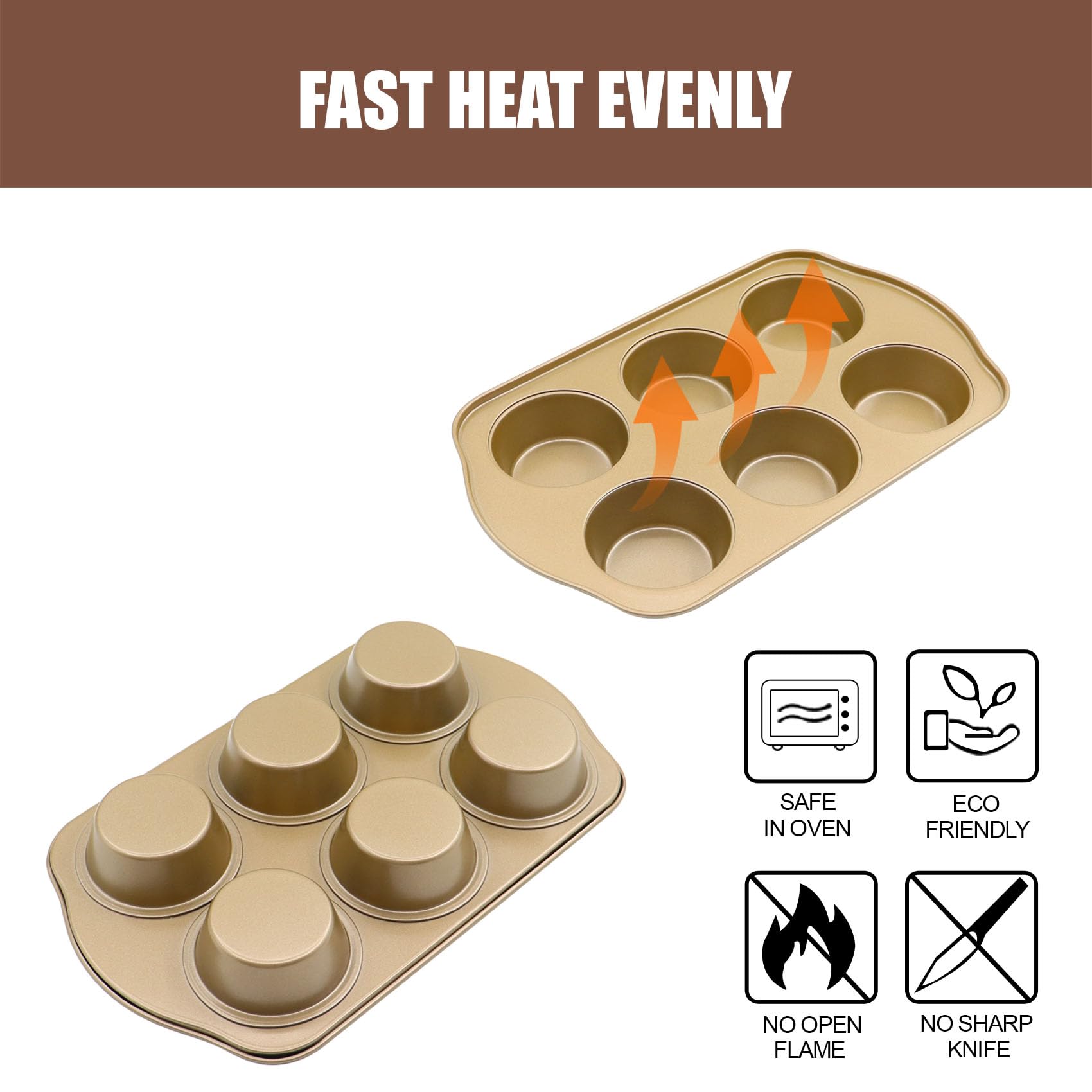 Molde antiadherente para 6 magdalenas, juego de moldes grandes para magdalenas, moldes para horno, 2 unidades, color dorado
