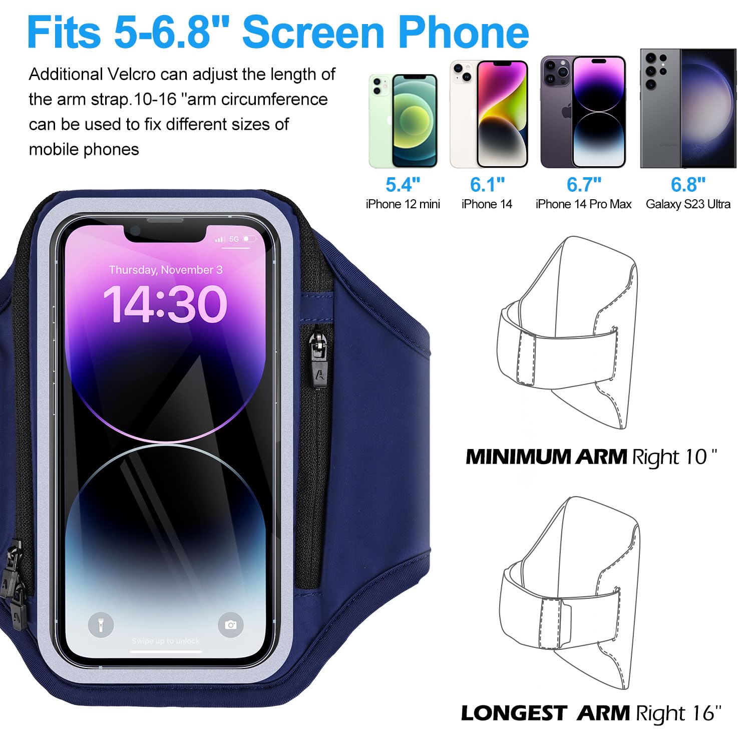 Uchwyt na telefon 6.8'' do biegania z kieszenią na słuchawki RAZOBWS. Uchwyt na ramię dla iPhone 15 14 13 12 11 Plus Pro Max oraz Galaxy S20 - S24 Ultra. Wodoodporny z kieszenią na kluczyki