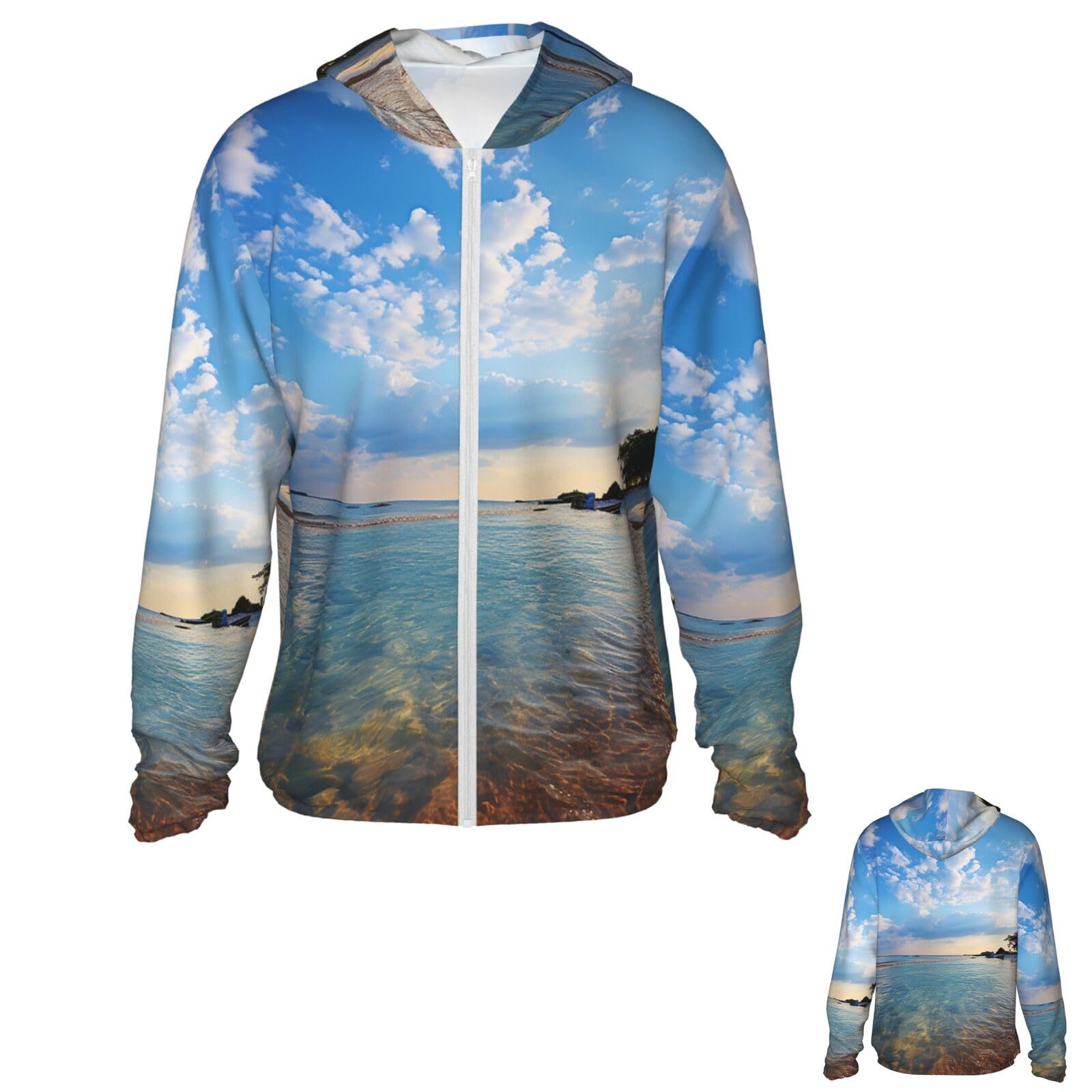 NONHAI Men's Sun Protection Jacket UPF 50+ Full Zipper Long Sleeve UV Hoodie Shirt Sea Island Sky Women's Outdoor Jacket