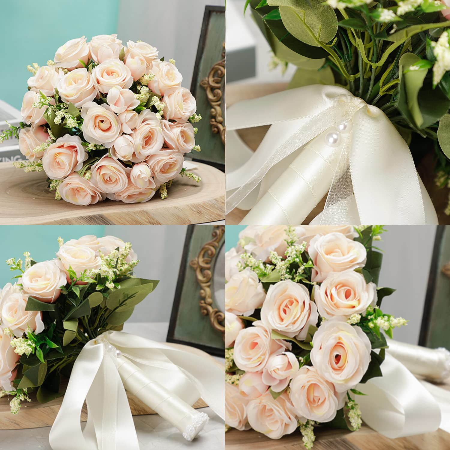 Bouquet de Mariée Fleurs de Rose Artificielles Romantique pour Mariage