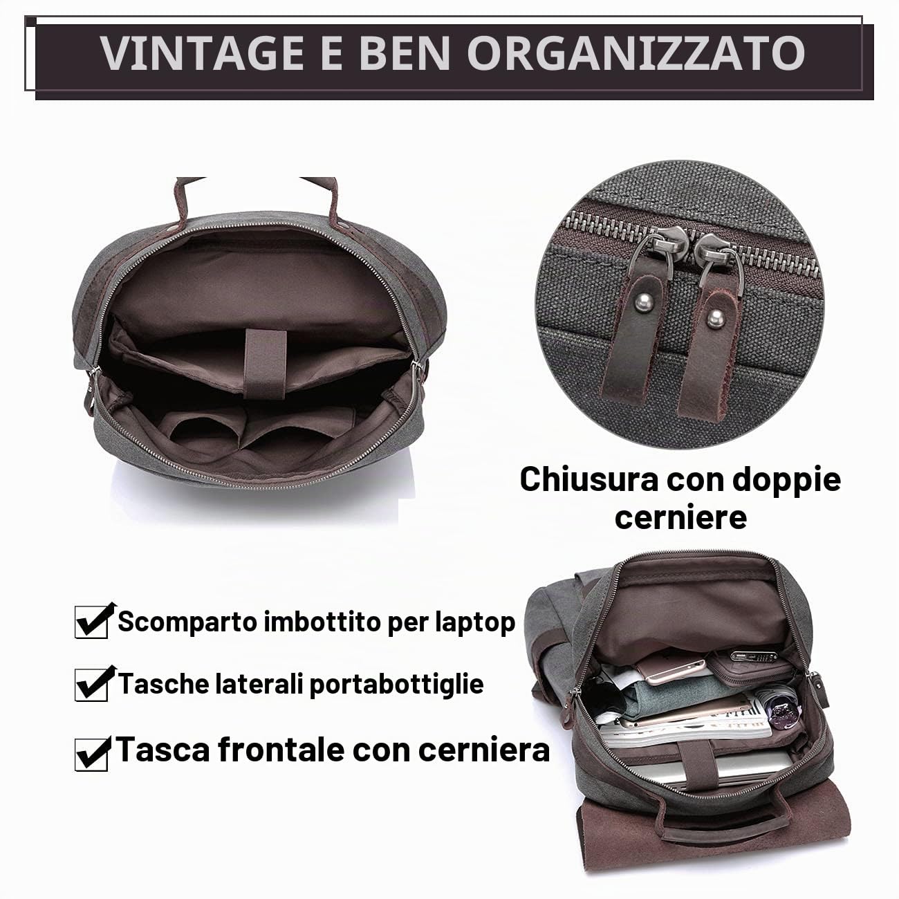 VASCHY Zaino da uomo, impermeabile, 15,6 pollici, zaino per la scuola, stile retrò, vintage, in pelle, per adolescenti, viaggi