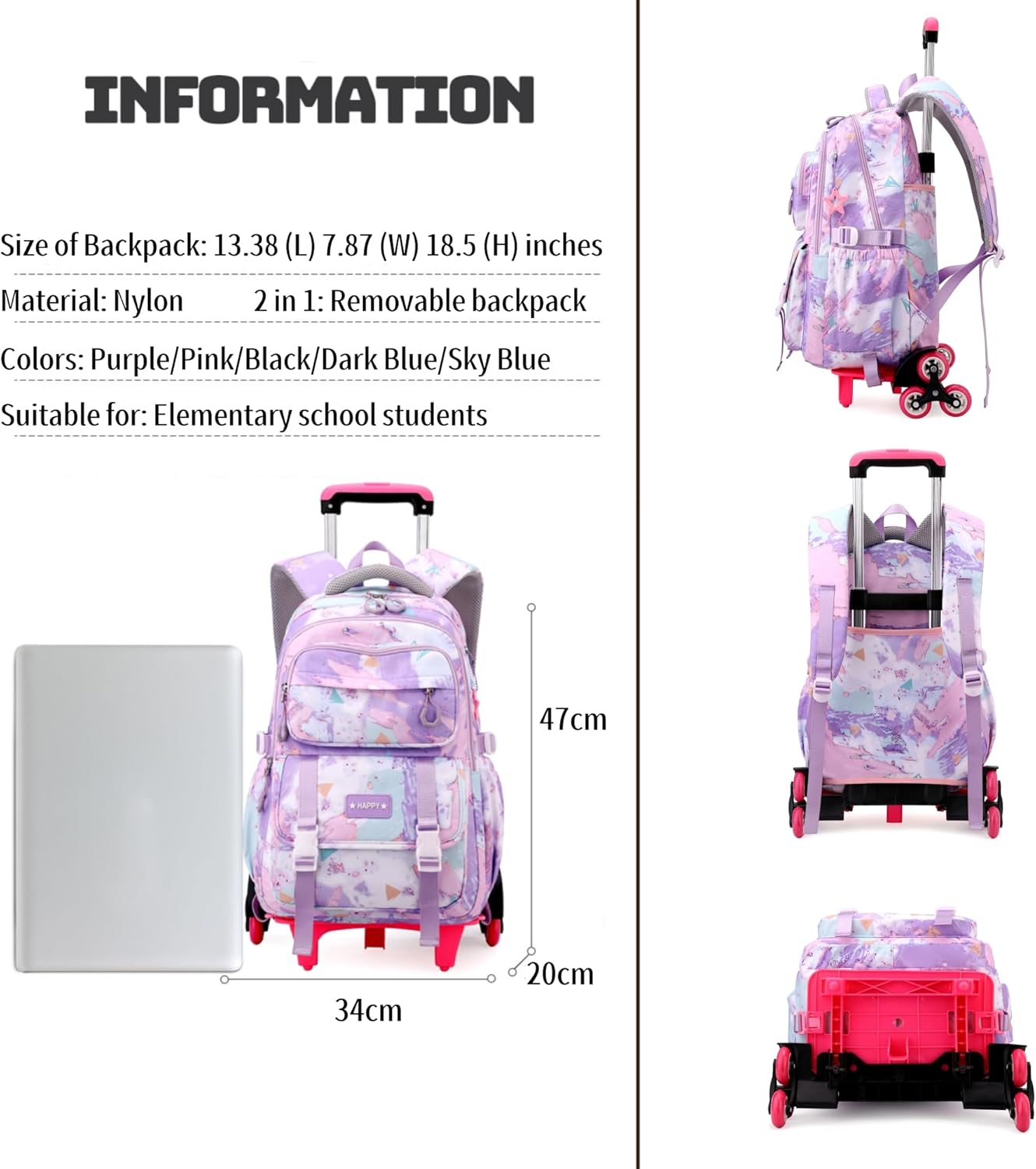 Kids Rolling Backpack for Girls School Backpack with Wheels for Girls Wheeled Bookbags Roller Trolley Bags for Primary Students, 6-Wheel Purple - Image 3