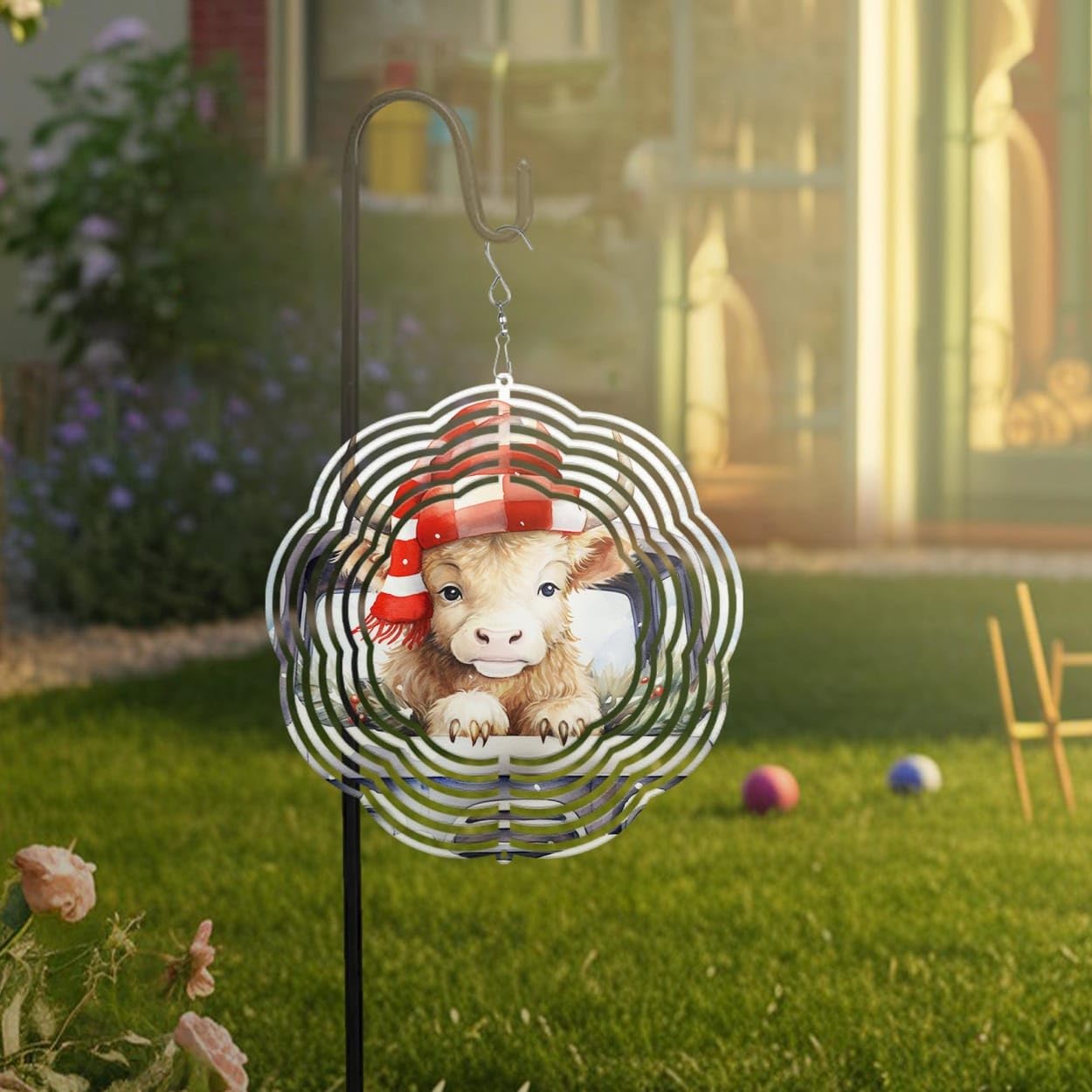 Highland Cow with Truck Christmas Wind Spinners 3D Stainless Steel Laser Cut Metal Double Sided Printing-Hanging Indoor/Outdoor Decorations Yard Gardening Decor,Metal Kinetic Art 14x14 inches