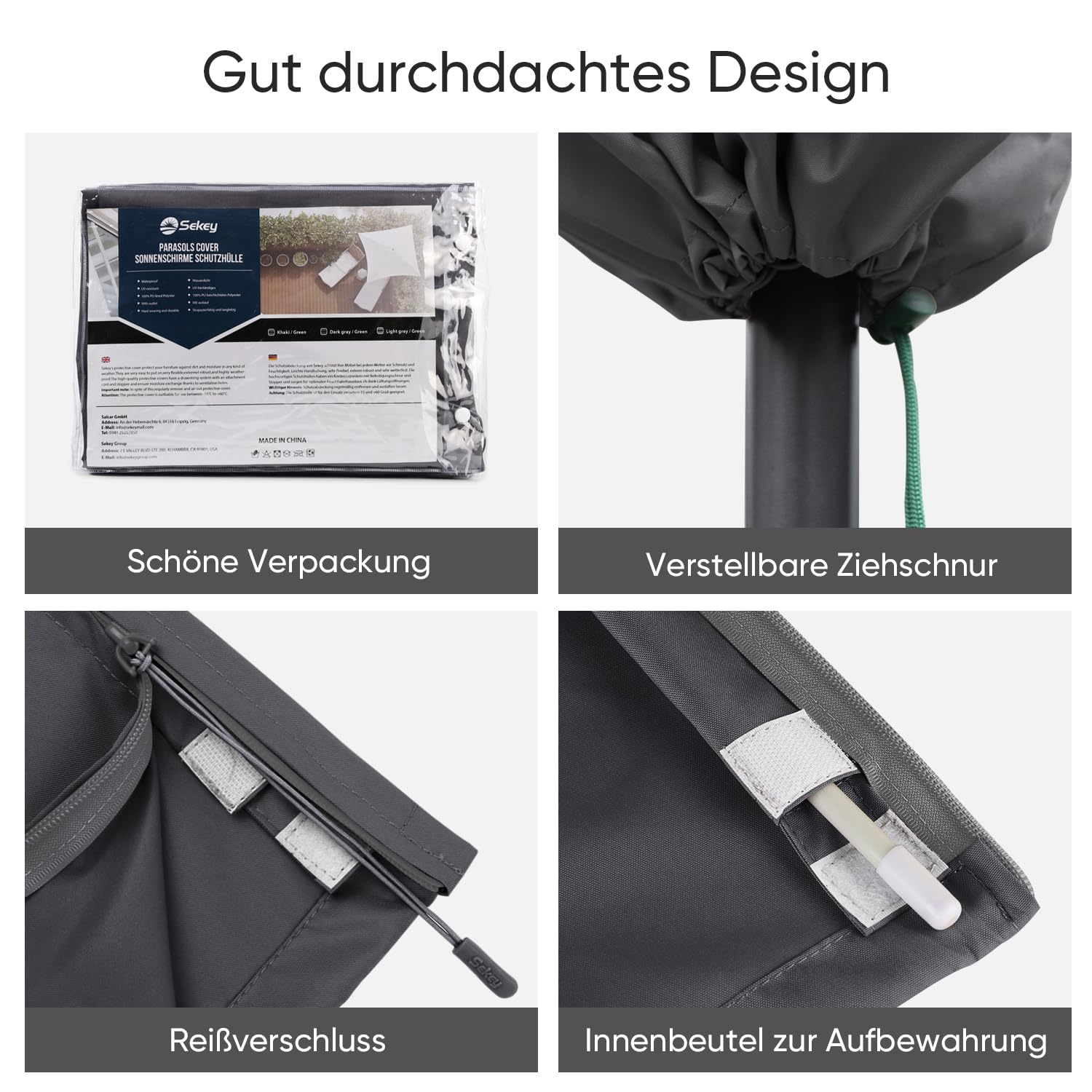 Sekey Ampelschirm Schutzhülle mit Stab, Abdeckhauben für Gartenschirm mit Belüftungsöffnungen, Abdeckung für Kurbelschirm / Balkonschirm, 100% Polyester, wasserdicht, Dunkelgrau.