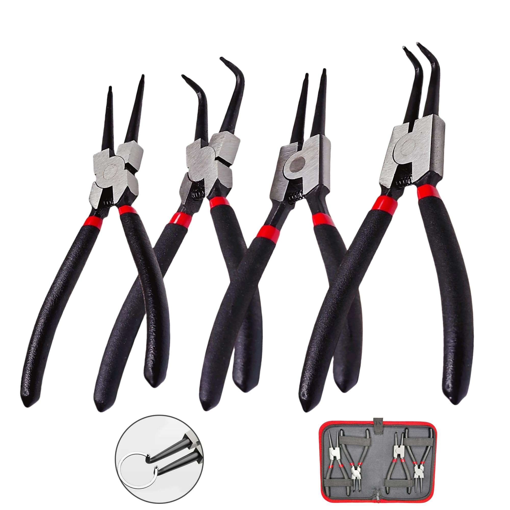 KUBOJSDLZ 4PC 7" Snap Ring Pliers Set, Internal/External Circlip Pliers Kit with Straight+Bent Jaw Tips, Heavy Duty C Clamp Pliers for Automotive