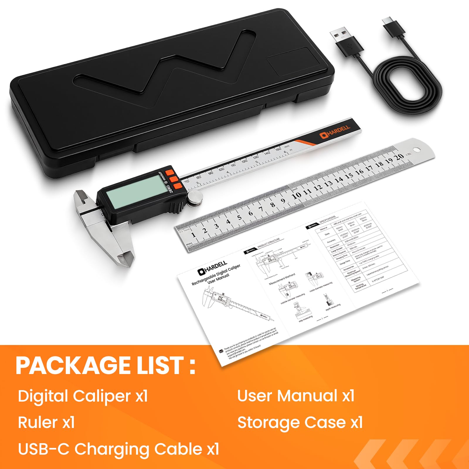 Calibrador digital recargable con pantalla de alimentación, micrómetro digital HARDELL de 6 pulgadas con pantalla LCD grande, apagado automático, herramienta de medición de calibrador con conversión