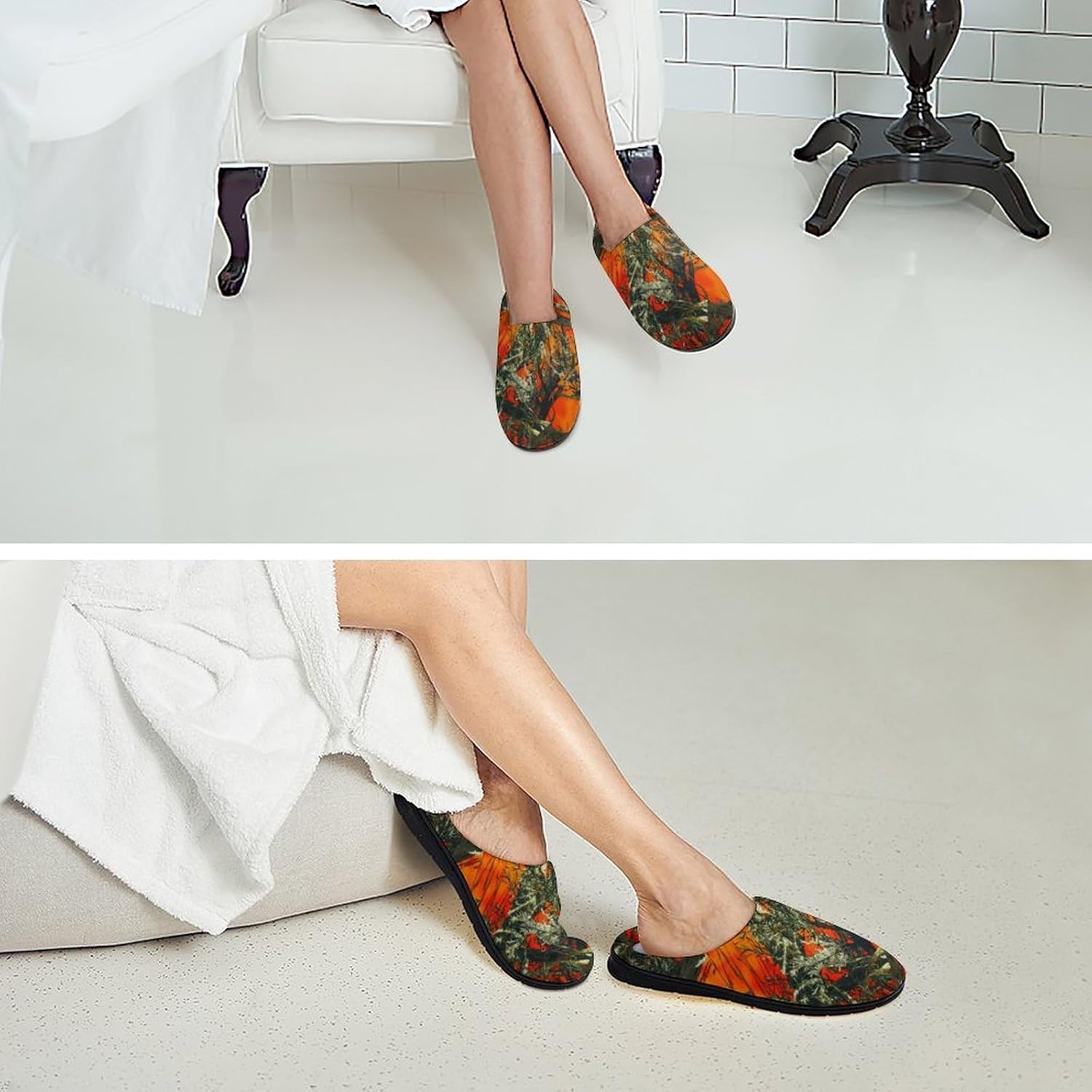 Orange Camouflage Women's House Slippers Memory Foam Warm Shoes Spa Rubber Sole Indoor Outdoor