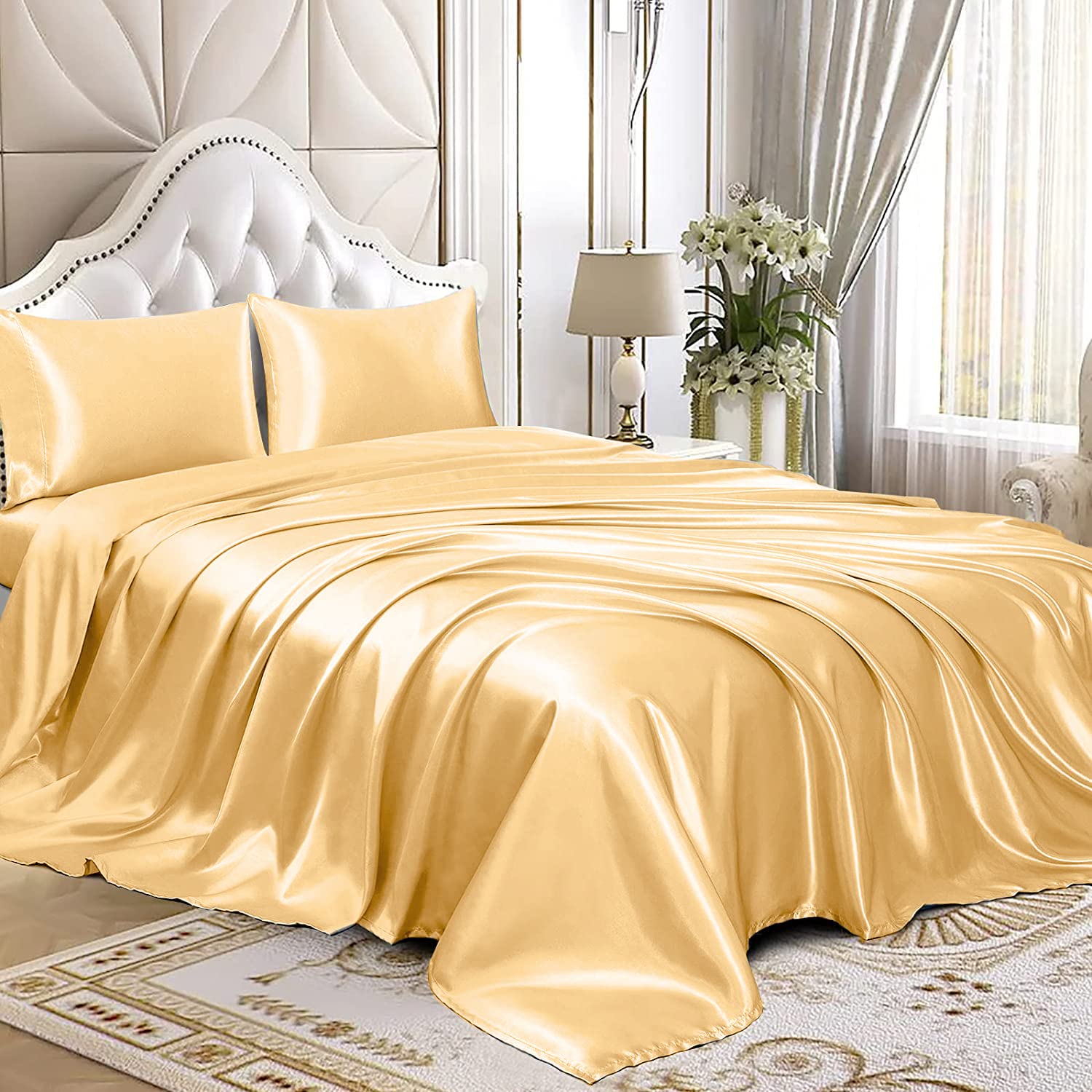 Homiest 3pcs Satin Sheets Set Luxury Silky Satin Bedding Set with Deep Pocket, 1 Fitted Sheet + 1 Flat Sheet + 1 Pillowcase (Twin Size, Gold)