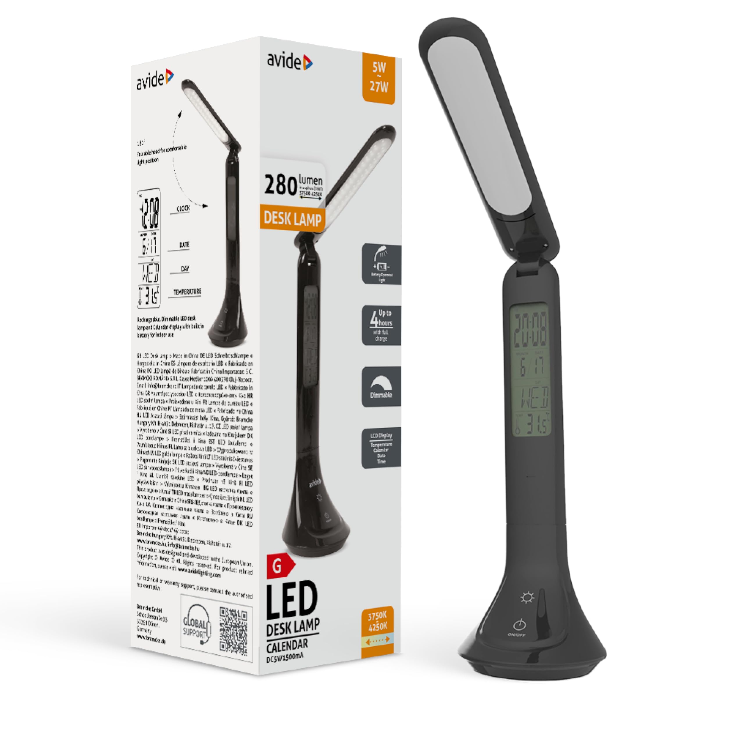 Calendar - Lampada da scrivania a LED, 5 W, classe di efficienza energetica A+ | Lampada da tavolo dimmerabile a 3 livelli con display LCD per ora, data e temperatura (nero)
