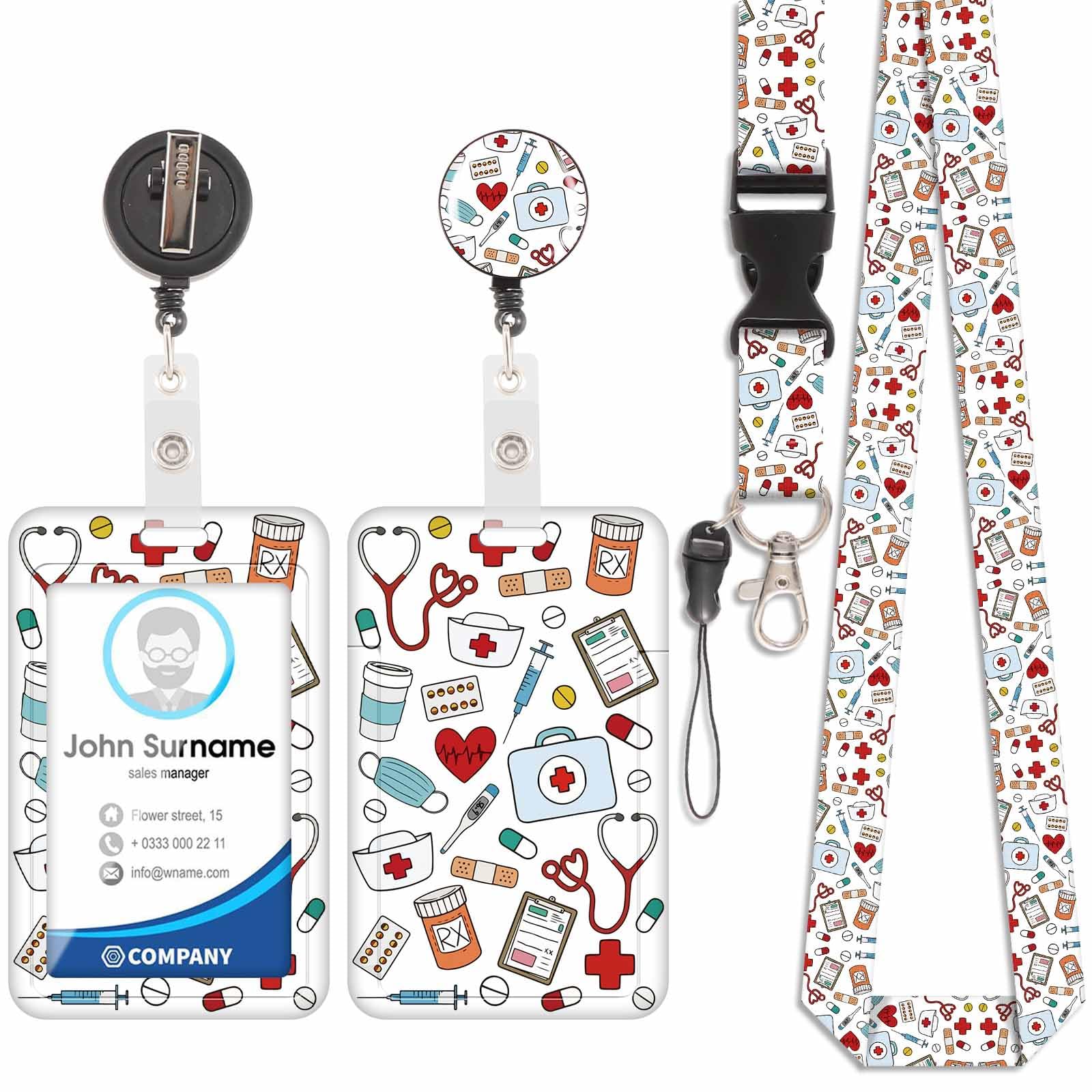 Badge Holder with Lanyard, ID Badge Holders with Detachable Cute Lanyard, Retractable Badge Reel Carabiner Clip, Personalized Vertical Card Cover Case Protector for Nurse Teacher Student (Medical-4)