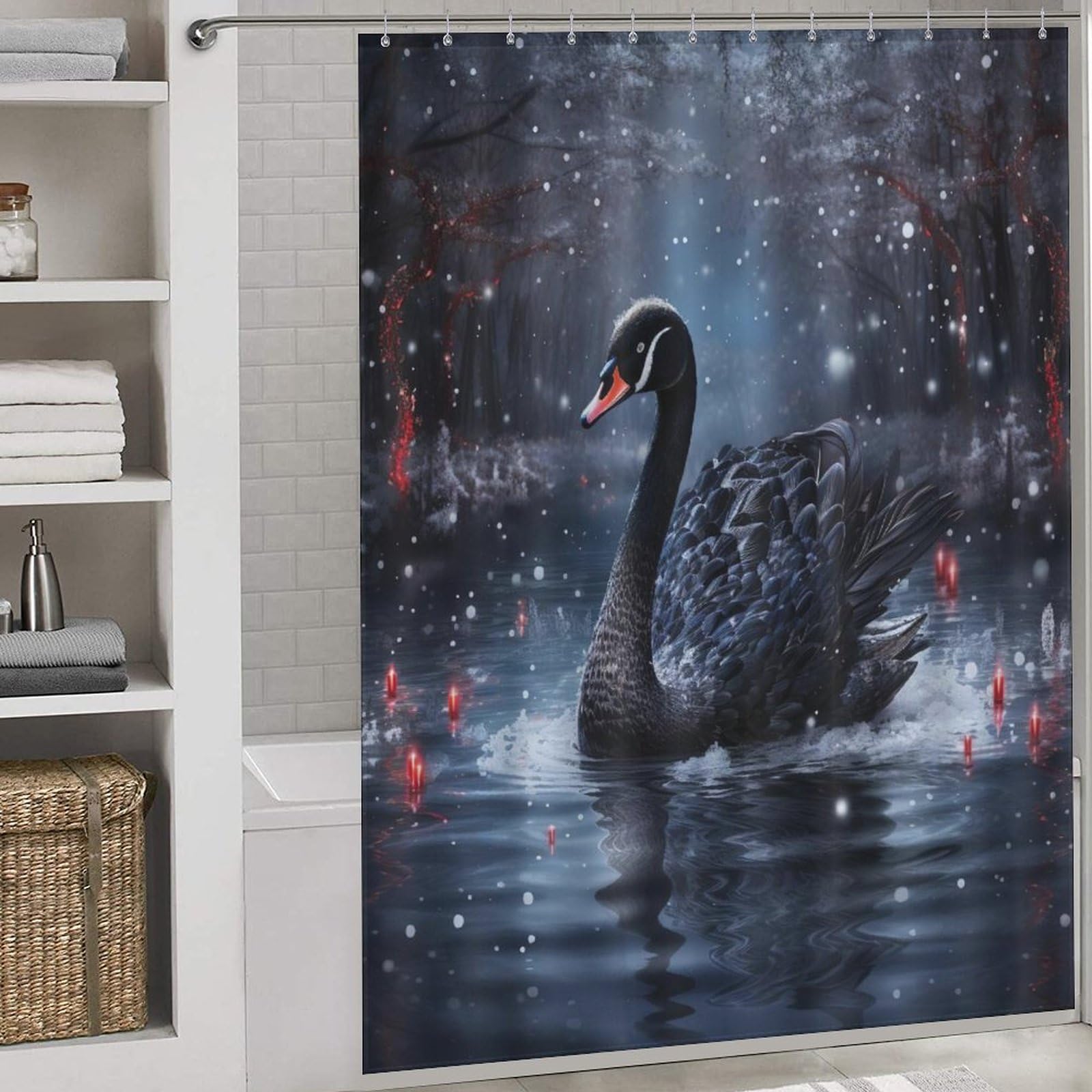 Rideau de douche cygne en tissu anti-moisissure lavable pour sol sec