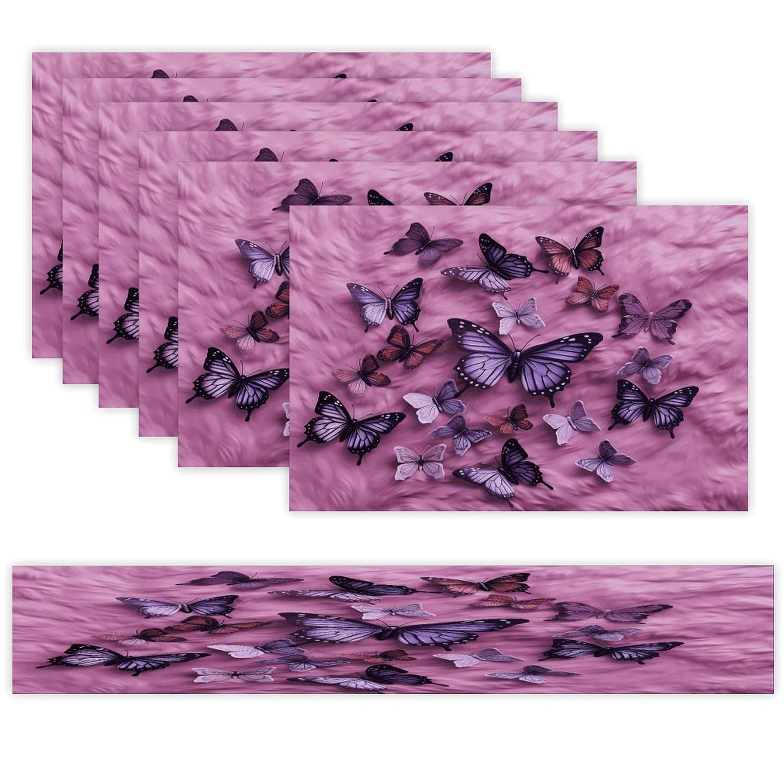 All Butterflies are on Purple Background Table Runner and Placemats Set of 6 Wipe Clean Heat Resistant Table Mat with Table Runner Decorations Flax Linen Place Mat Set for Home Kitchen Party Supplies