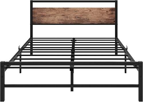 Miniatura 5 de Base de cama de metal negro de tamaño matrimonial con cabecera de madera vintage, plataforma completa resistente con almacenamiento, sin ruido, no