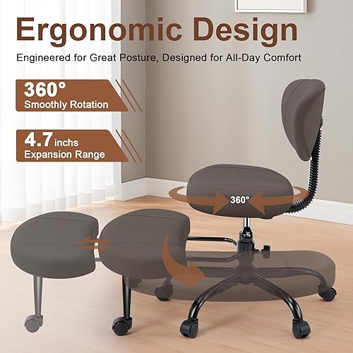 Miniatura 4 de Silla de oficina con patas cruzadas con ruedas, silla ergonómica giratoria ancha de meditación arrodillada con soporte de respaldo y altura