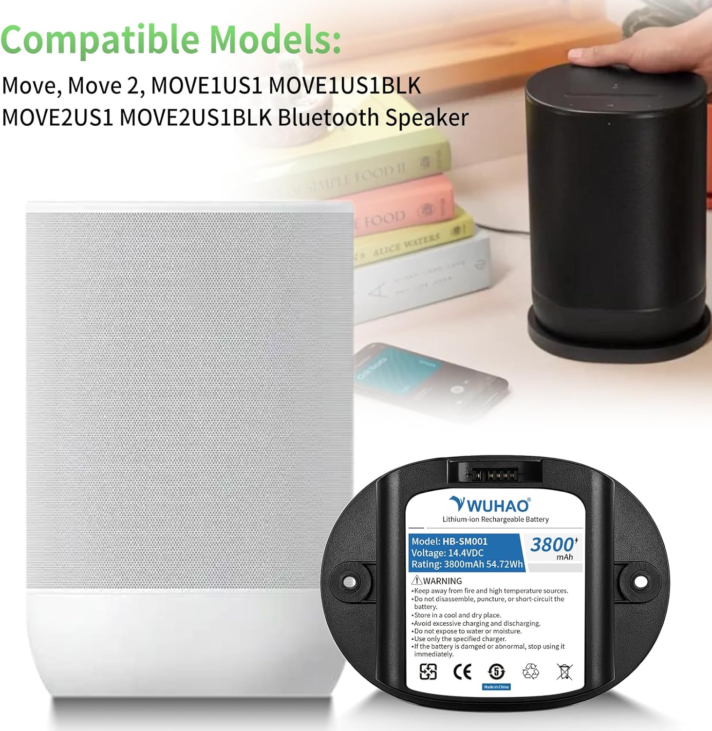 WUHAO Battery for Sonos Move 2 Speaker Replacement Compatible with Sonos Move, Move 2, MOVE1US1 MOVE1US1BLK MOVE2US1 MOVE2US1BLK Bluetooth Speaker Battery 111-00001 IP-03-6802-001 with Tool