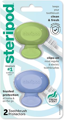 Steripod Protector de cepillo de dientes con clip verde y azul 2 unidades