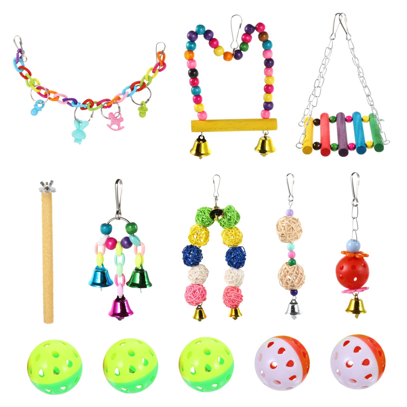 13pièces Accessoires Colorés pour Oiseaux Jouets à Mâcher Et Balancoires pour Perruches Et Perroquets