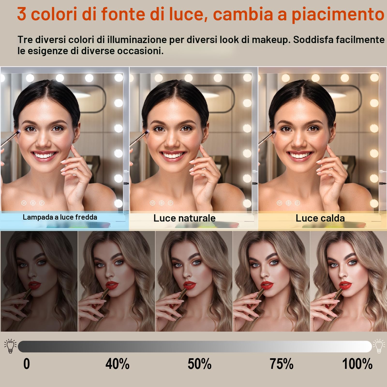 Specchio Trucco con Luci, 3 modalità Luce, 60 x 52 cm Specchio Trucco, Durevole Specchio con Luci Make Up, Specchio Make Up con 17 Lampadine LED