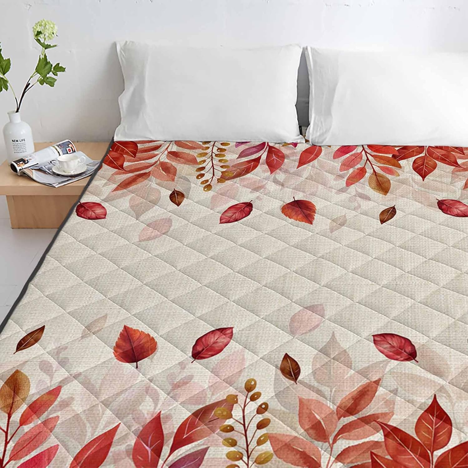 T&H XHome Quilt Queen Size Luxury Quilted Comforter Bedspread-Thin Soft Cozy, Pink Watercolor Garden Eucalyptus Leaves Linen Reversible Stitched Lightweight Quilt Coverlet for All Season