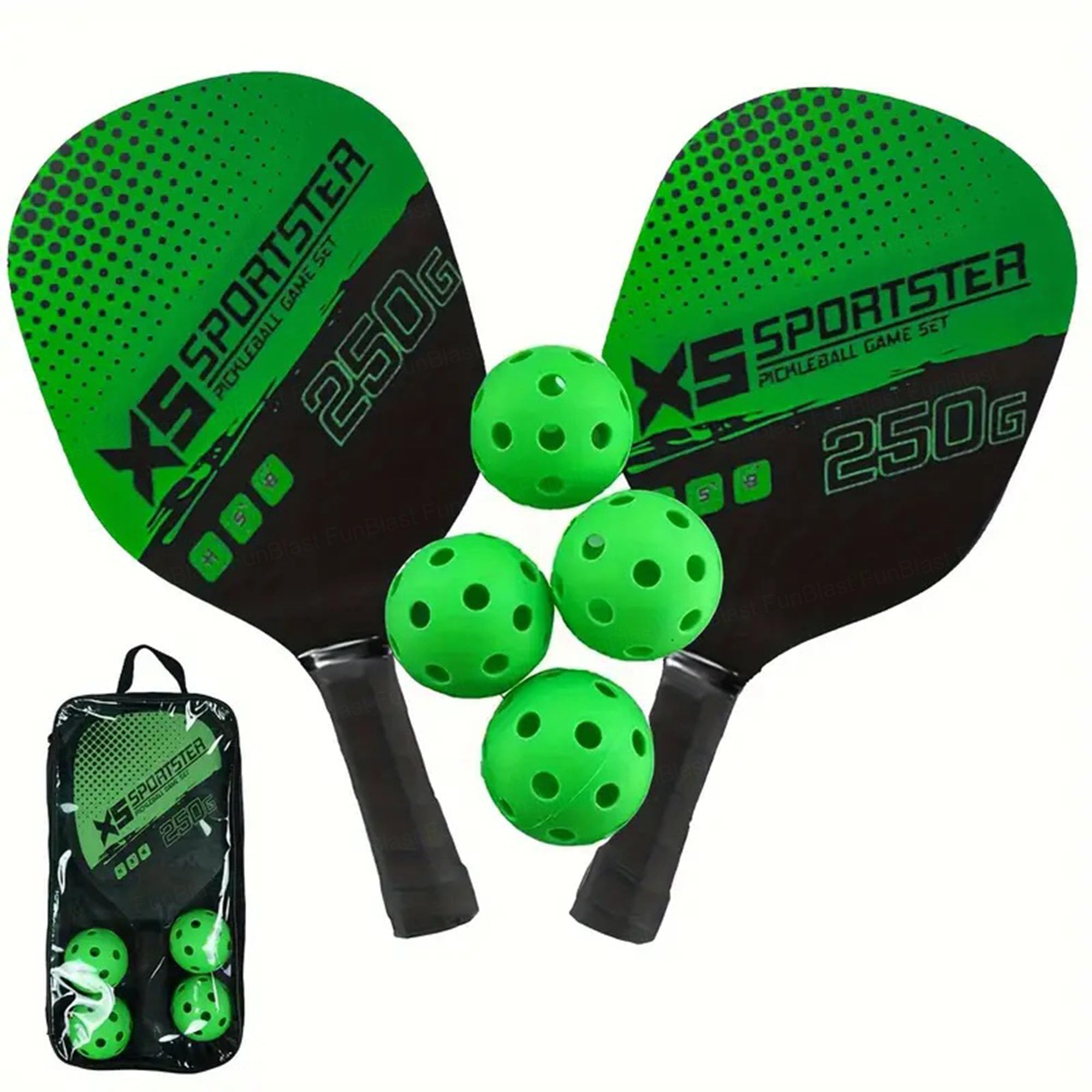 FunBlast Pickle Ball Racket Set - 2 Premium Wood Rackets with 4 Balls & Portable Carry Bag, Ideal for Kids, Men & Women - Durable & Lightweight, Outdoor Activities (Green)