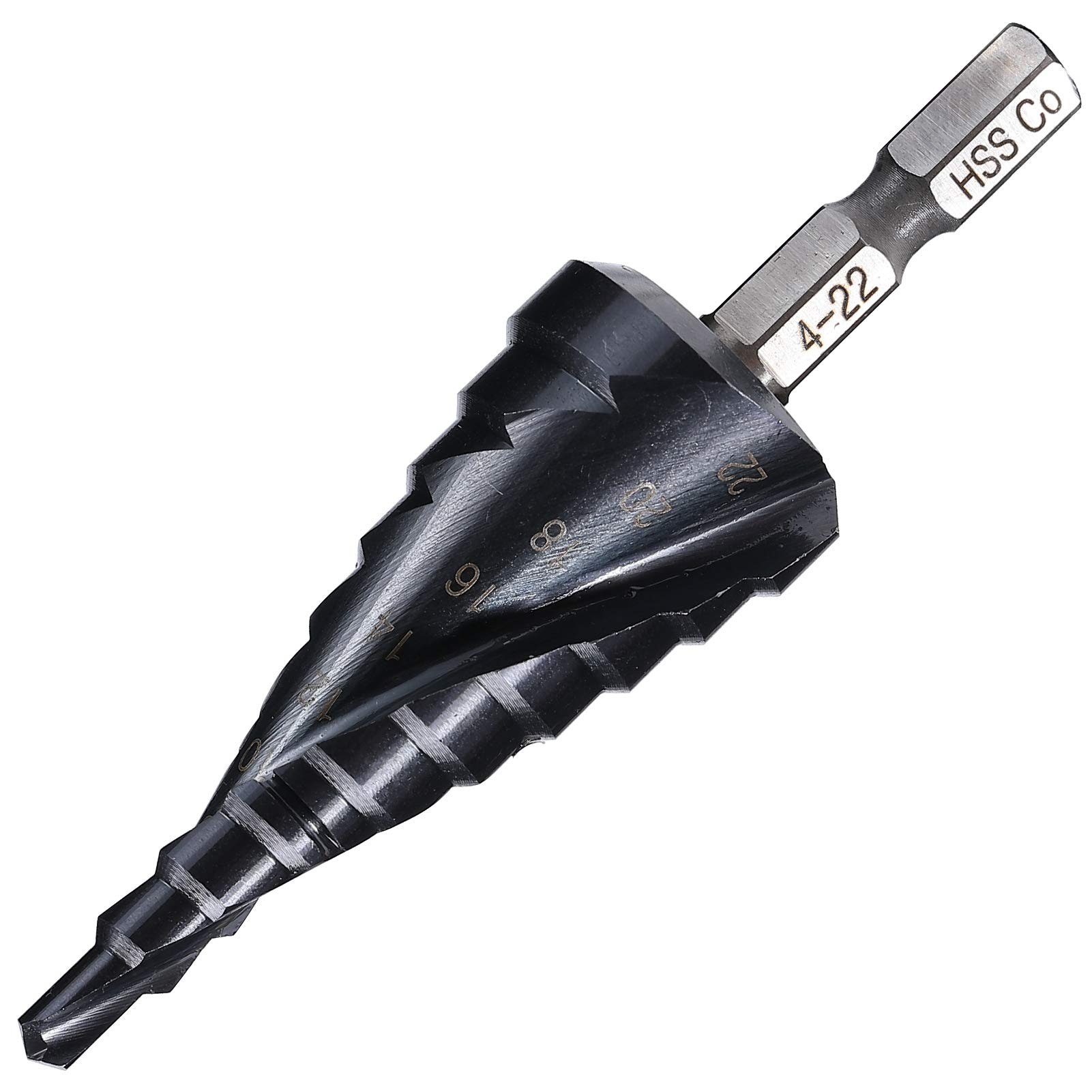無敵 ステップドリル 4-22mm/10段 6.35mm六角軸 たけのこドリル スパイラルドリル TiAlN窒化 チタンコーティング HSS-Co 超高硬度 ステンレス用 木材用(4-22mm/10段 二枚刃)