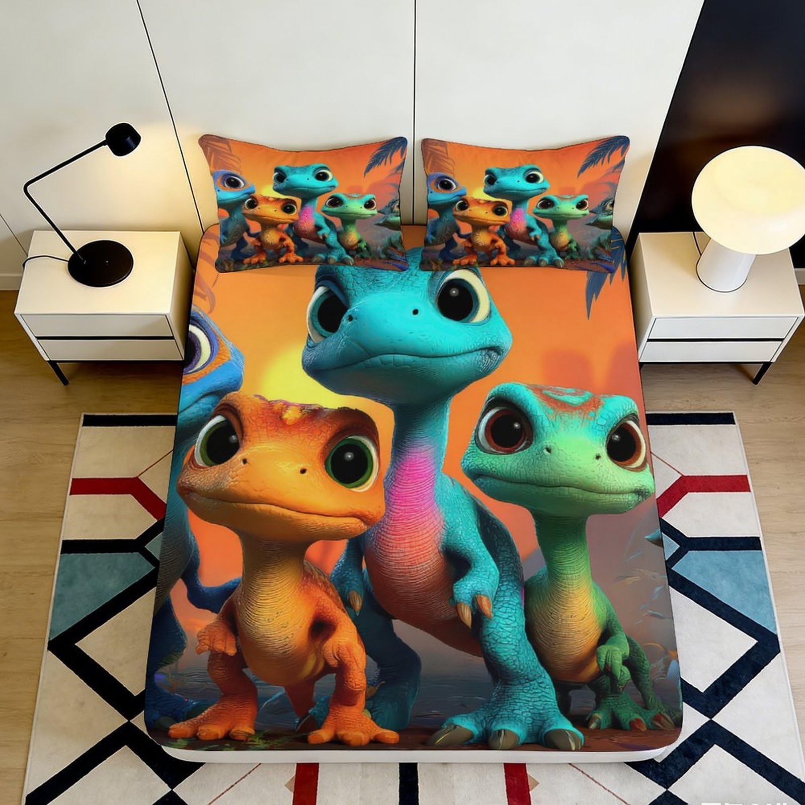 Dhbaneiok Style-1 3D Printed Cartoon Dinosaur Fitted Sheet Microfiber Orange Blue Green Bed Cover For Bedroom Dorm Mattress Decor 90X200x25cm