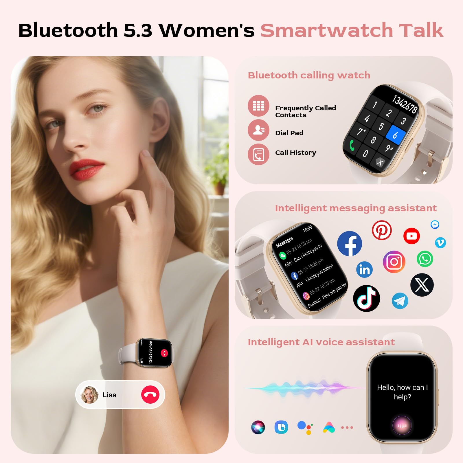 Miecgth Smartwatch Donna con ET/HRV/SIRI 1.75“ TFT orologio smartwatch donna con Chiamate Bluetooth SpO2 Monitoraggio Ciclo IP68 Sonno Cardiofrequen Fitness Tracker iOS Android (Beige)