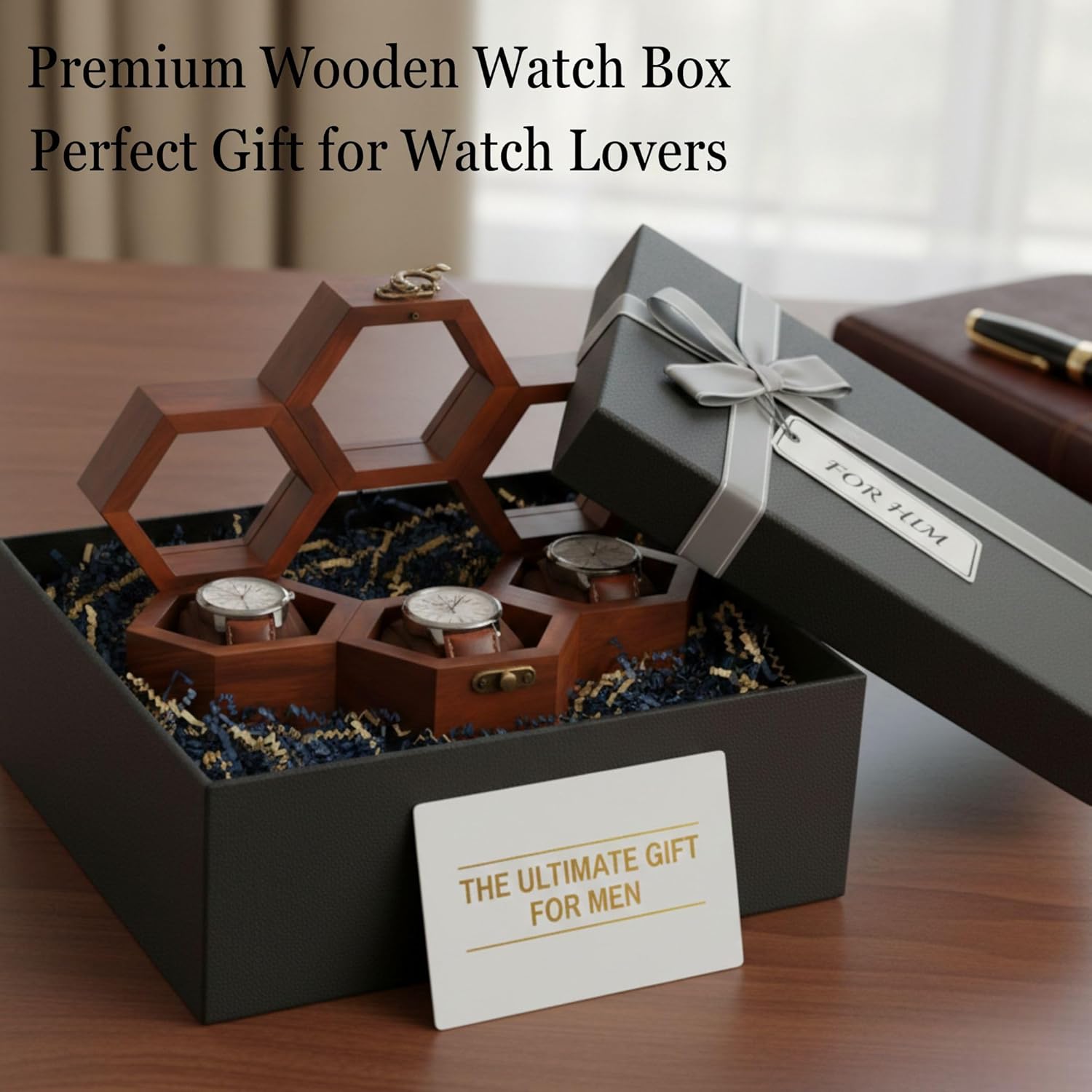 Rosewood Honeycomb Watch Box Display Case Holder Collector Organizer for Men, Men's Vintage Watch Storage Box to Store and Keep your Watches Safe (Slots:- 3)