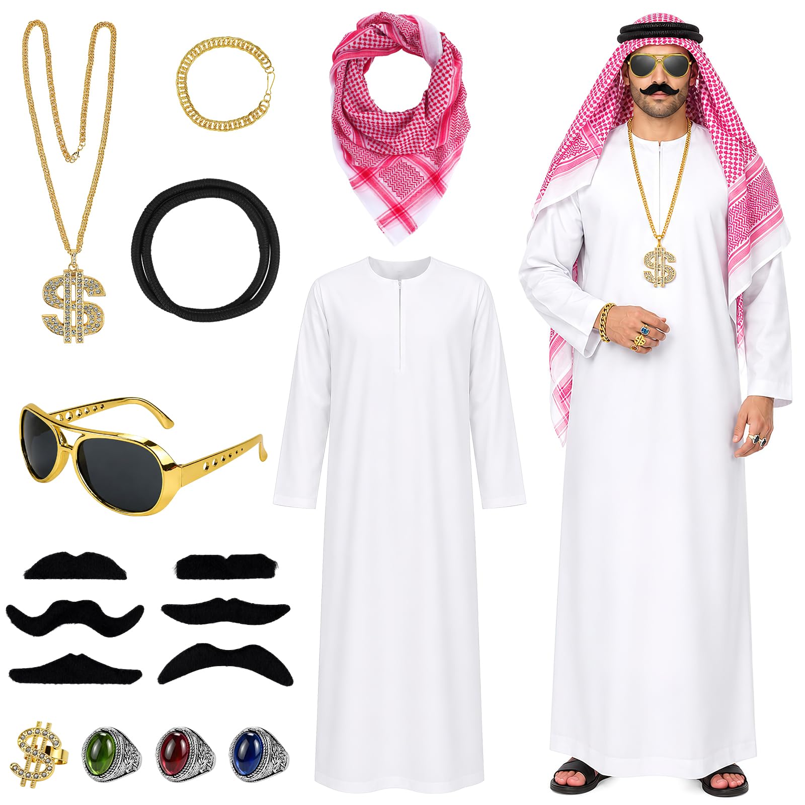 ZVLZR Arab Costume Set for Men, Arabian Costume White Sheik Robe with Red-White Headscarf and Gold Accessories, Fancy Dress Outfit for Halloween Party Cosplay (M)