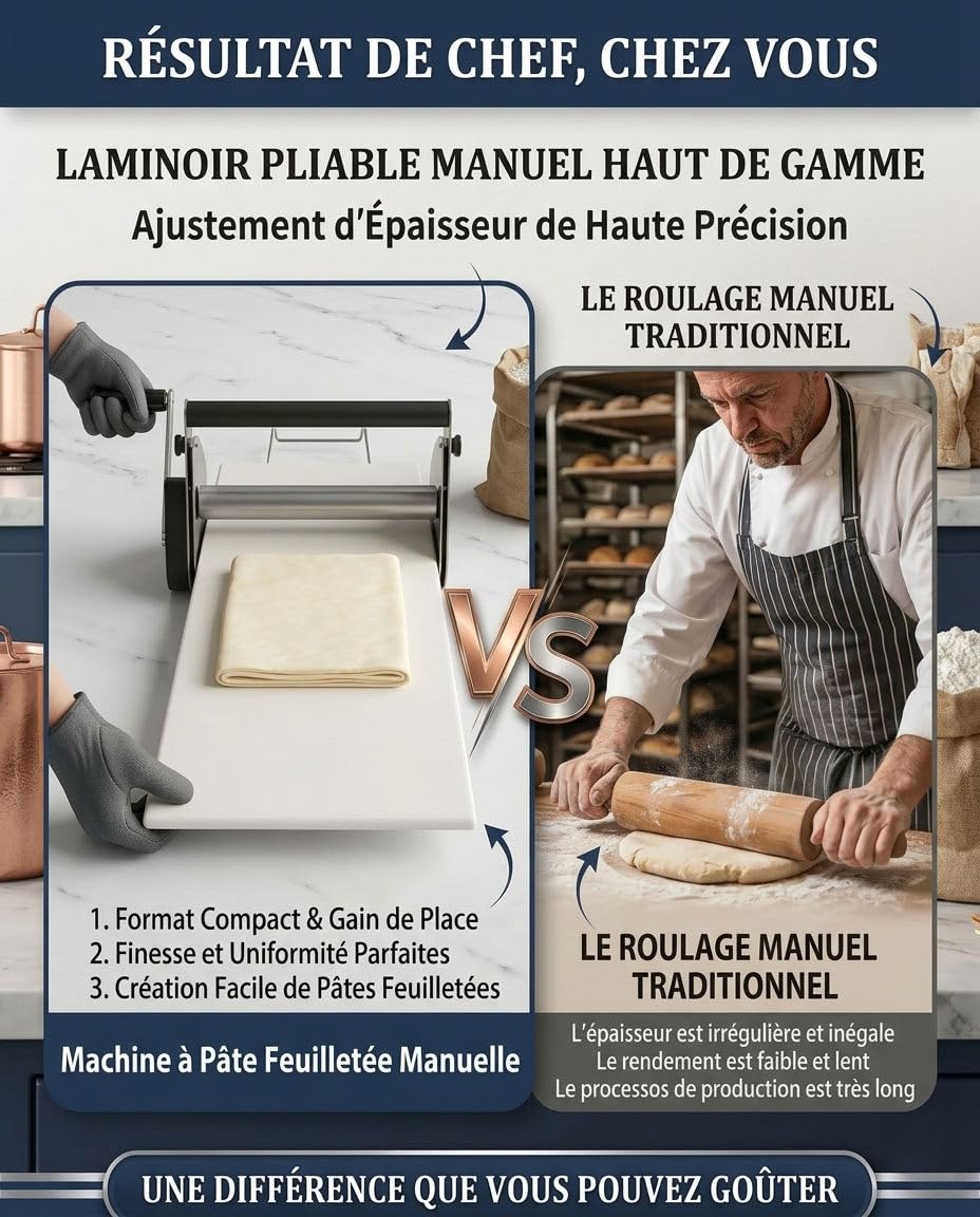 Laminoir Manuel Pliable 304 INOX - Machine à Pâte Pro 0-25mm, Laminoir Domestique pour Croissants, Pâte Feuilletée, Pizza et Biscuits - Design Compact Gain de Place 40x90cm