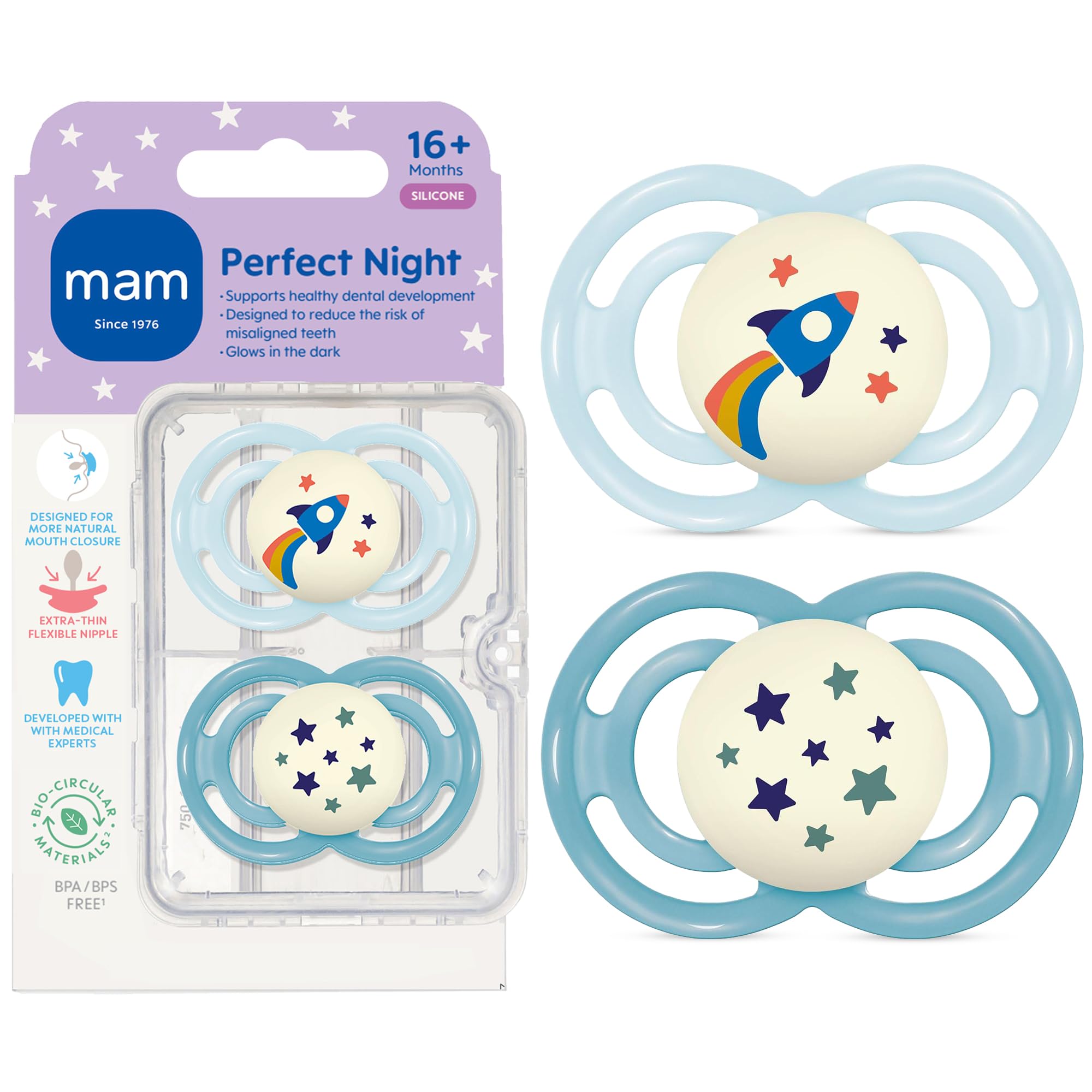 MAM Perfect Night Baby Pacifier, Patented Nipple, Glows in the Dark, 2 Pack, 16+ Months, Blue/Boy