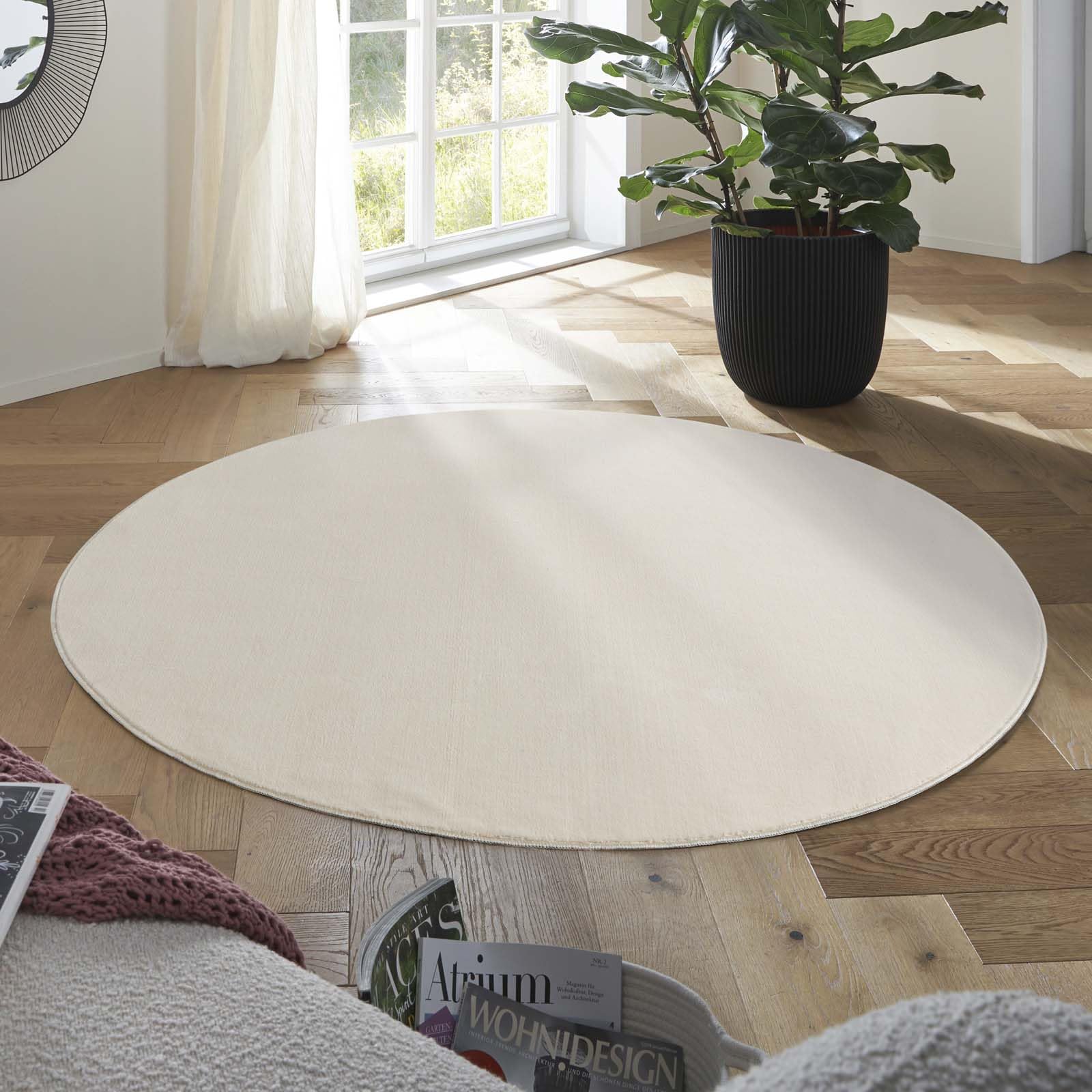 Taracarpet Teppich Kurzflor weicher Designer Uni Bodenbelag Madrid fürs Wohnzimmer, Kinderzimmer, Schlafzimmer und die Küche geeignet New Creme 160 cm rund