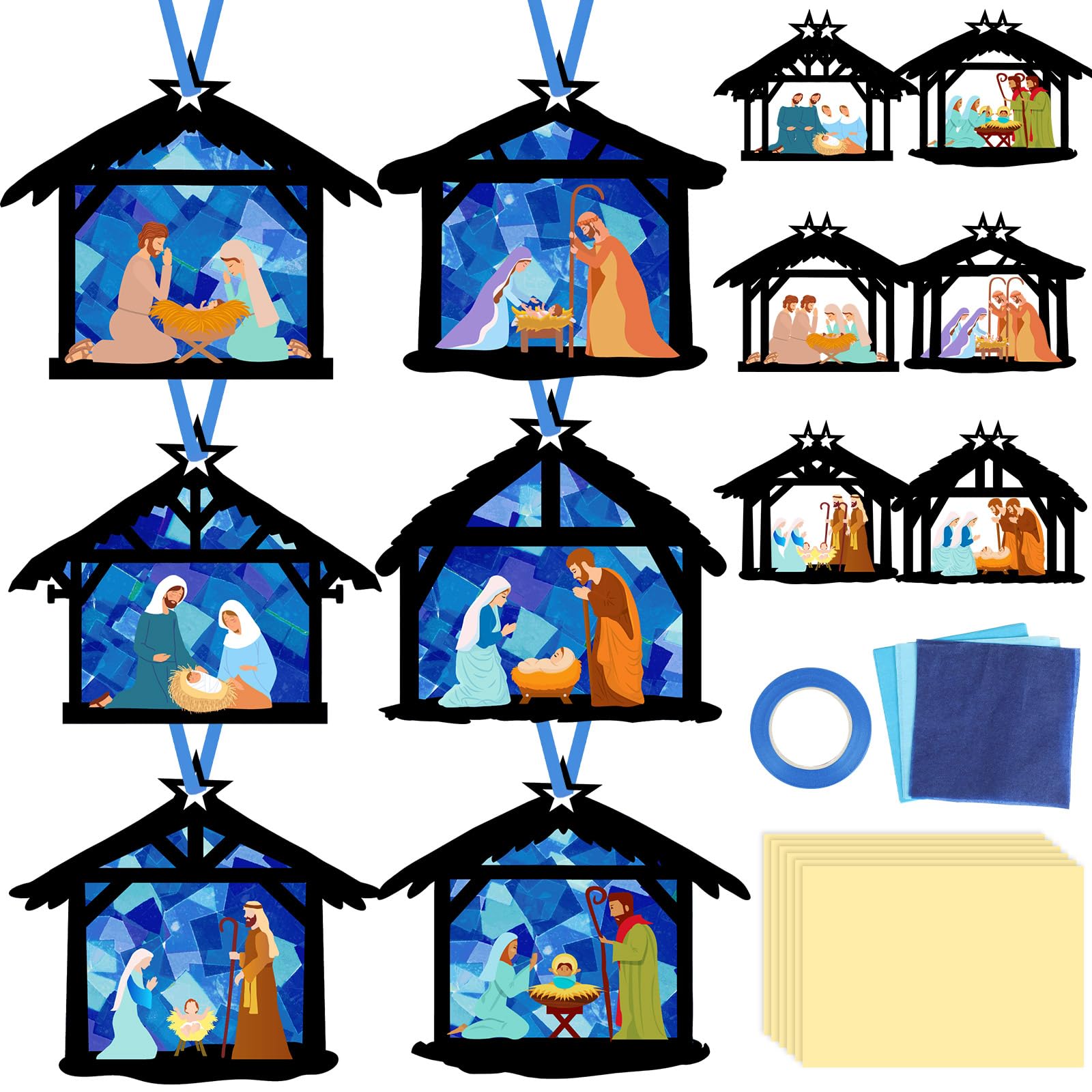 Qyeahkj 36 Set Christmas Nativity Suncatchers Crafts for DIY Nativity Scene Window Tissue Paper Craft Kit Hanging Decor for Xmas Holiday Home Activity Art Project Birthday Party Favor Gift