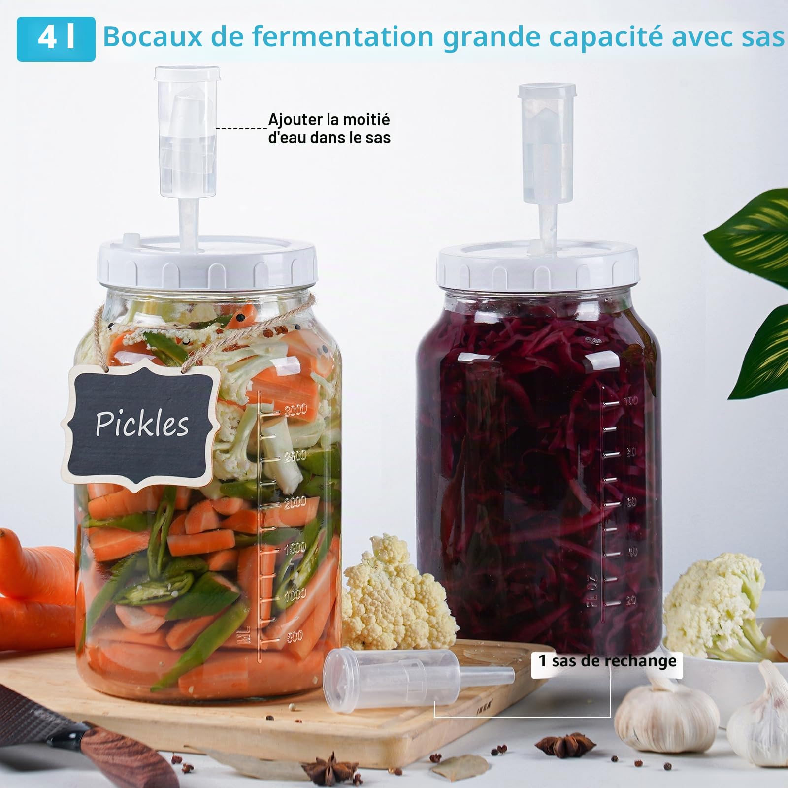 Absovetu Lot de 2 bocaux de fermentation avec sas et couvercles à visser 4 L – Bocaux de fermentation pour choucroute, levain, kimchi, kéfir kéfir