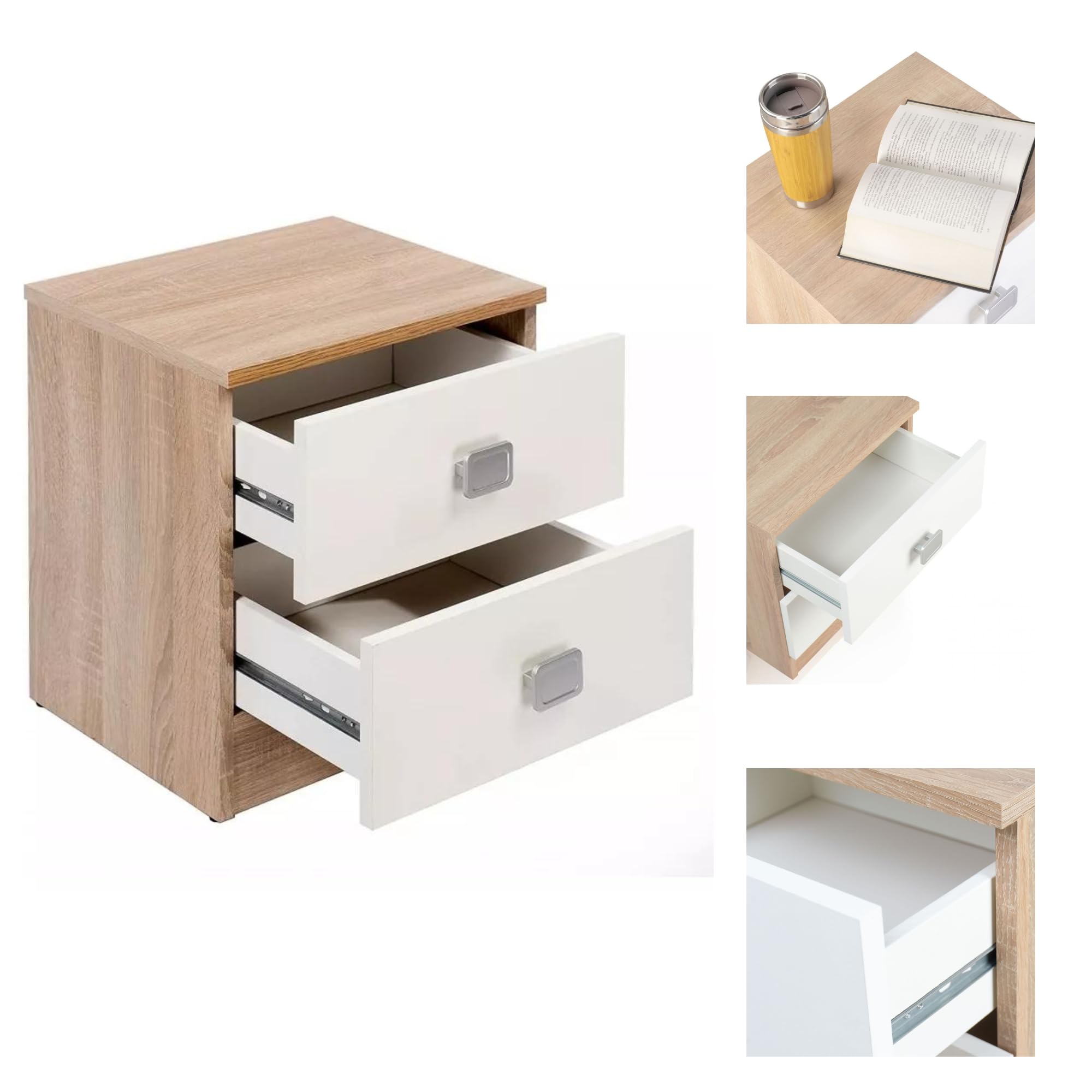 Meyvaser, Conjunto Pack Cabecero y 2 Mesitas de Noche, Incluye Herrajes para Colgar, Color Cambrian y Blanco, Dormitorio Doble de Matrimonio o Juvenil, Medidas:160x45x1,6 cm (LargoxAltoxProfundo)