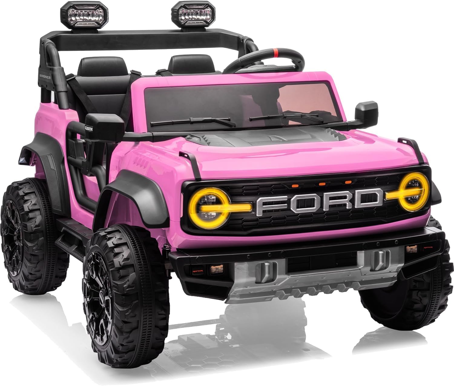 First Ride On Lizenzierter Ford Bronco Raptor, 24V Elektroauto für Kinder, 2-Sitzer Aufsitzauto mit Fernbedienung, LED-Licht, Musik, High/Low Speed (Rosa)